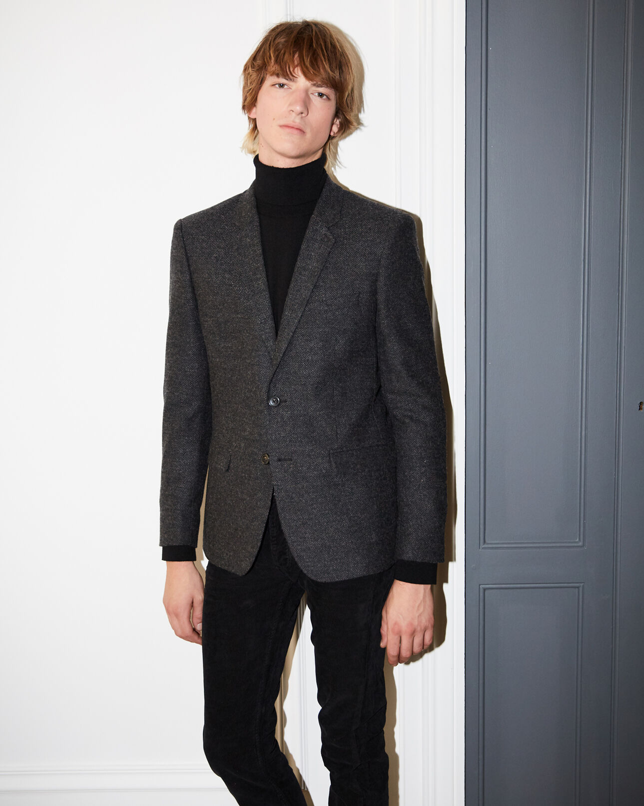 The Kooples MEN BLACK GREY black wool blazer with herringbone motif