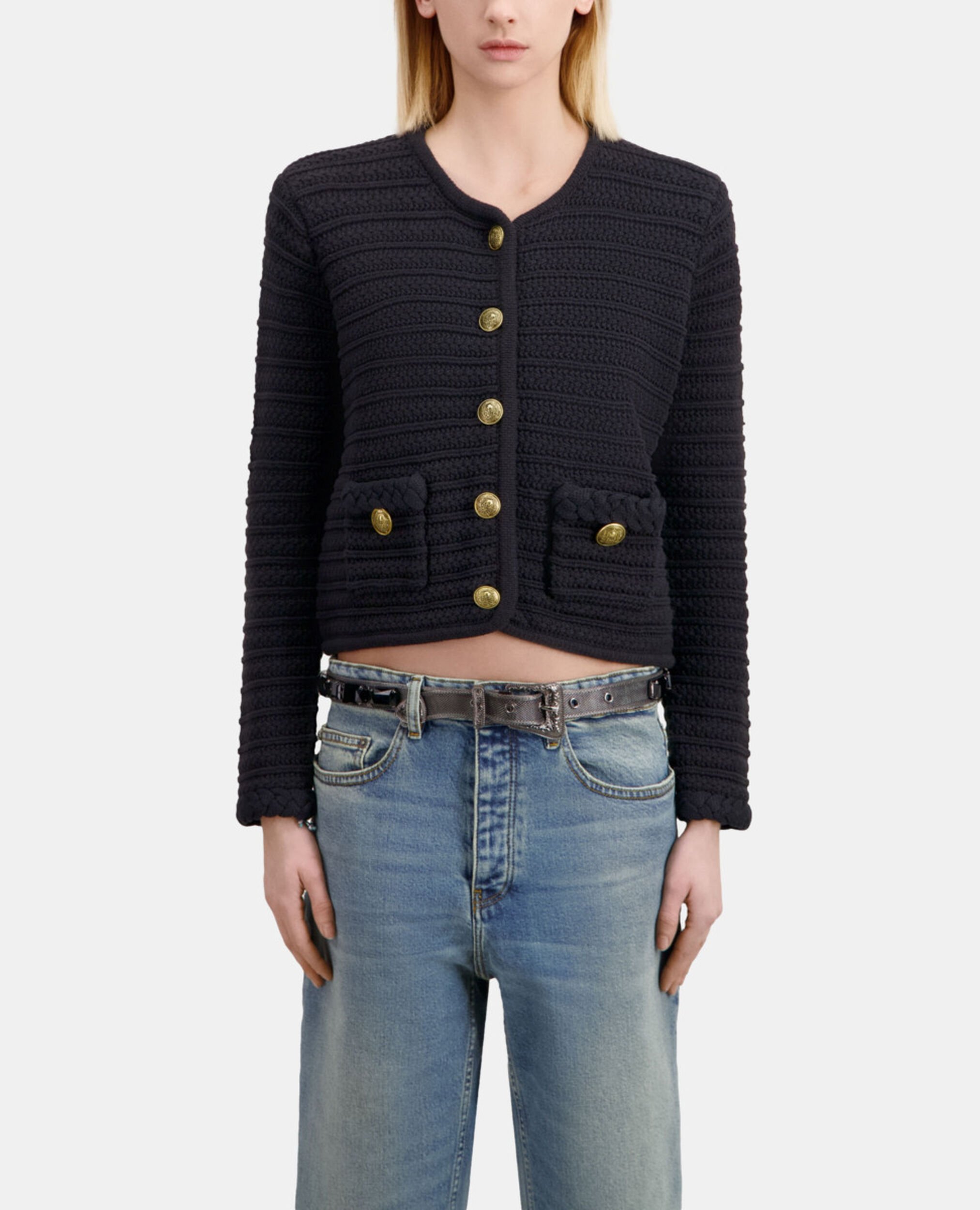Cardigan en maille torsadée noir, BLACK, hi-res image number null
