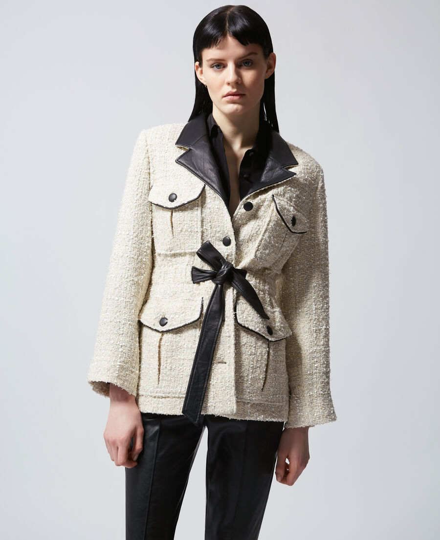 tweed smart ecru jacket with leather detail
