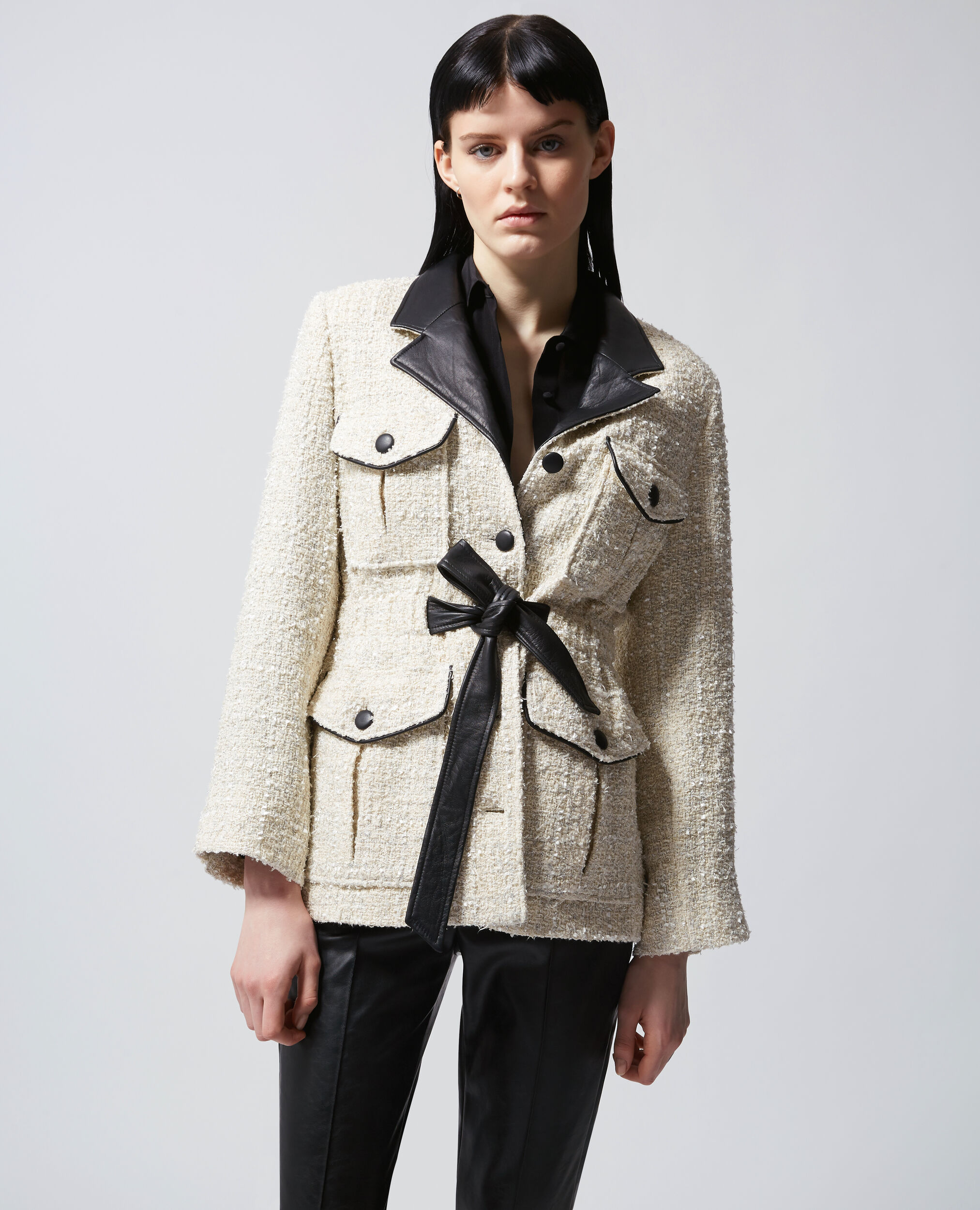 Tweed smart ecru jacket with leather detail, ECRU, hi-res image number null
