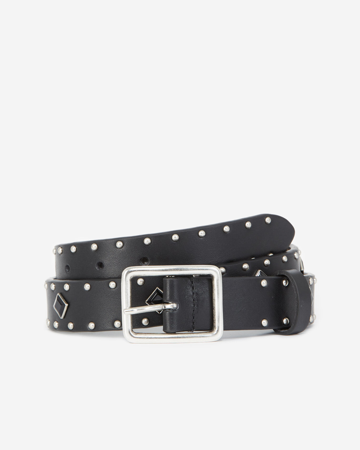 Studded smooth leather skinny black belt, BLACK, hi-res image number null