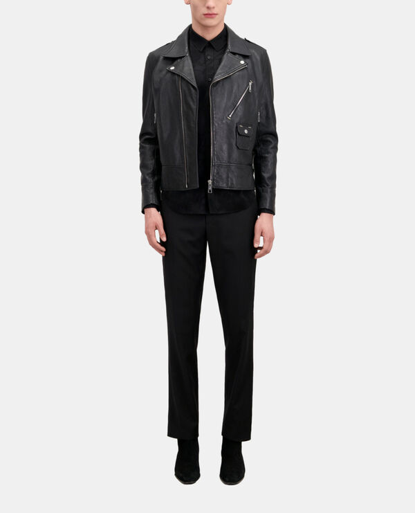 blouson biker en cuir noir