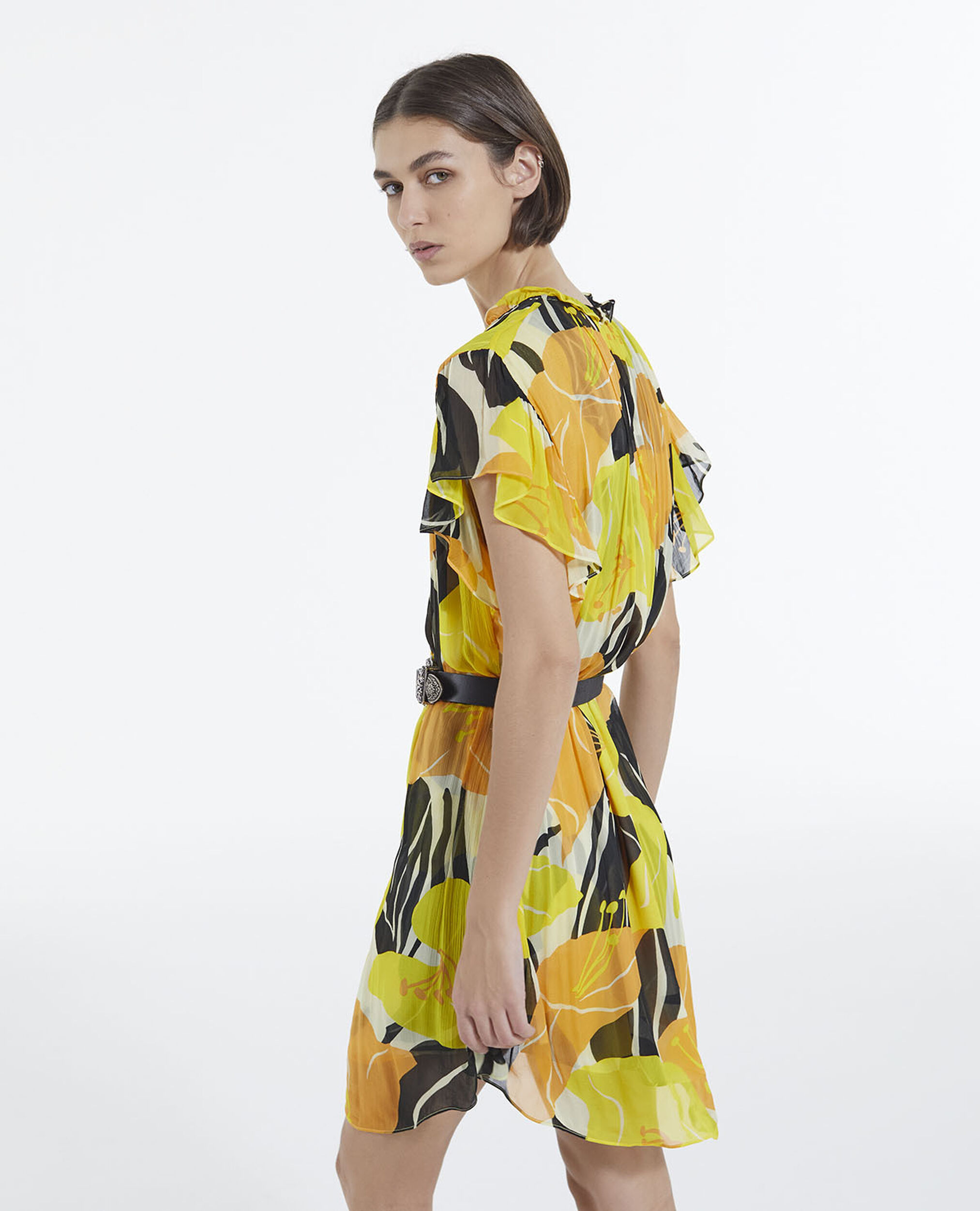 Short yellow floral dress with frilly sleeves, YELLOW, hi-res image number null