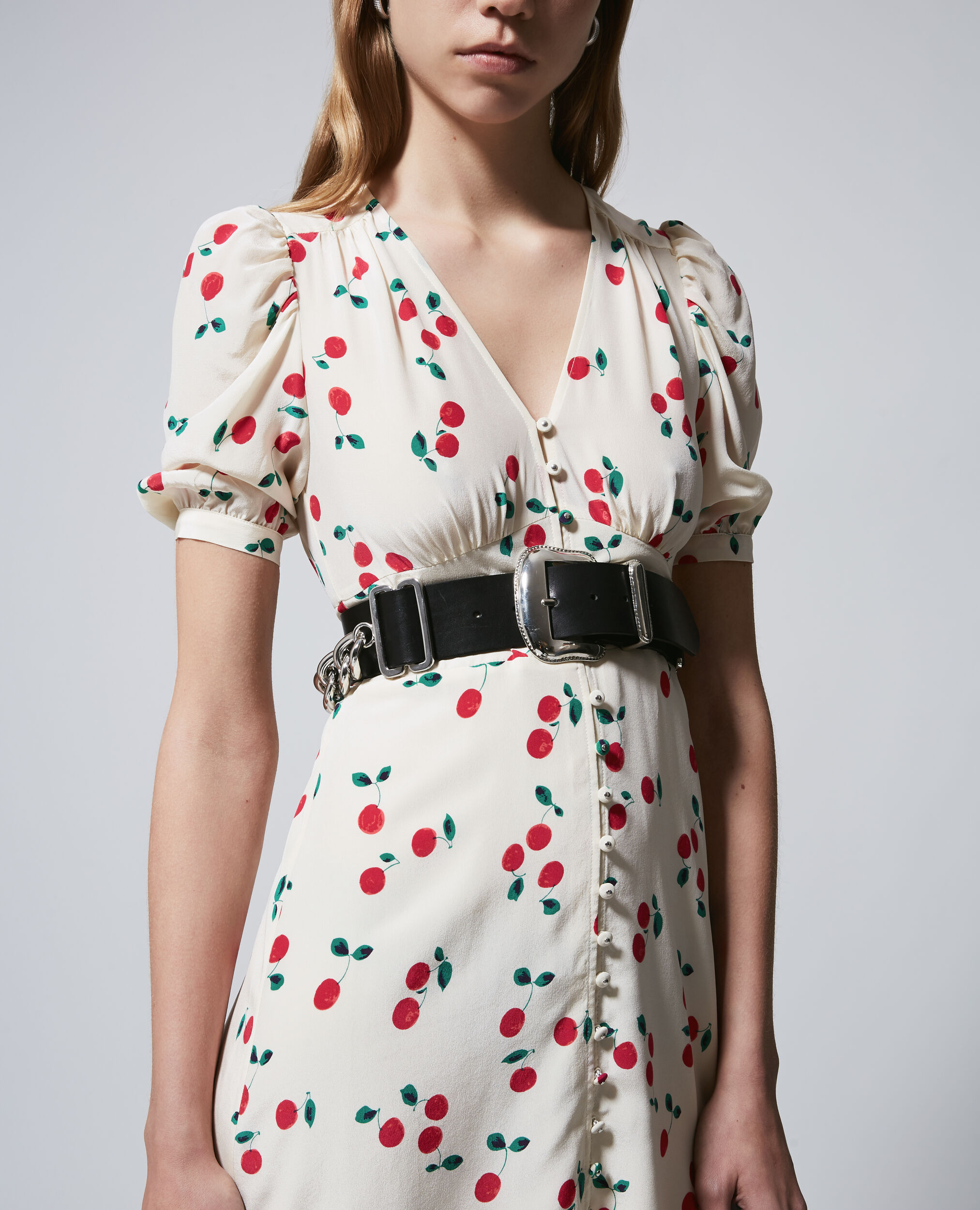 Silk short printed ecru dress with cherries, ECRU RED, hi-res image number null