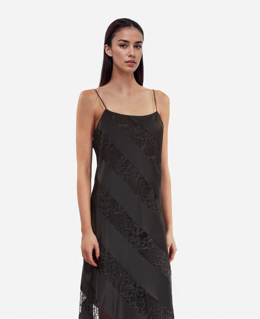 The Kooples FEMME BLACK robe nuisette longue en soie et dentelle noire