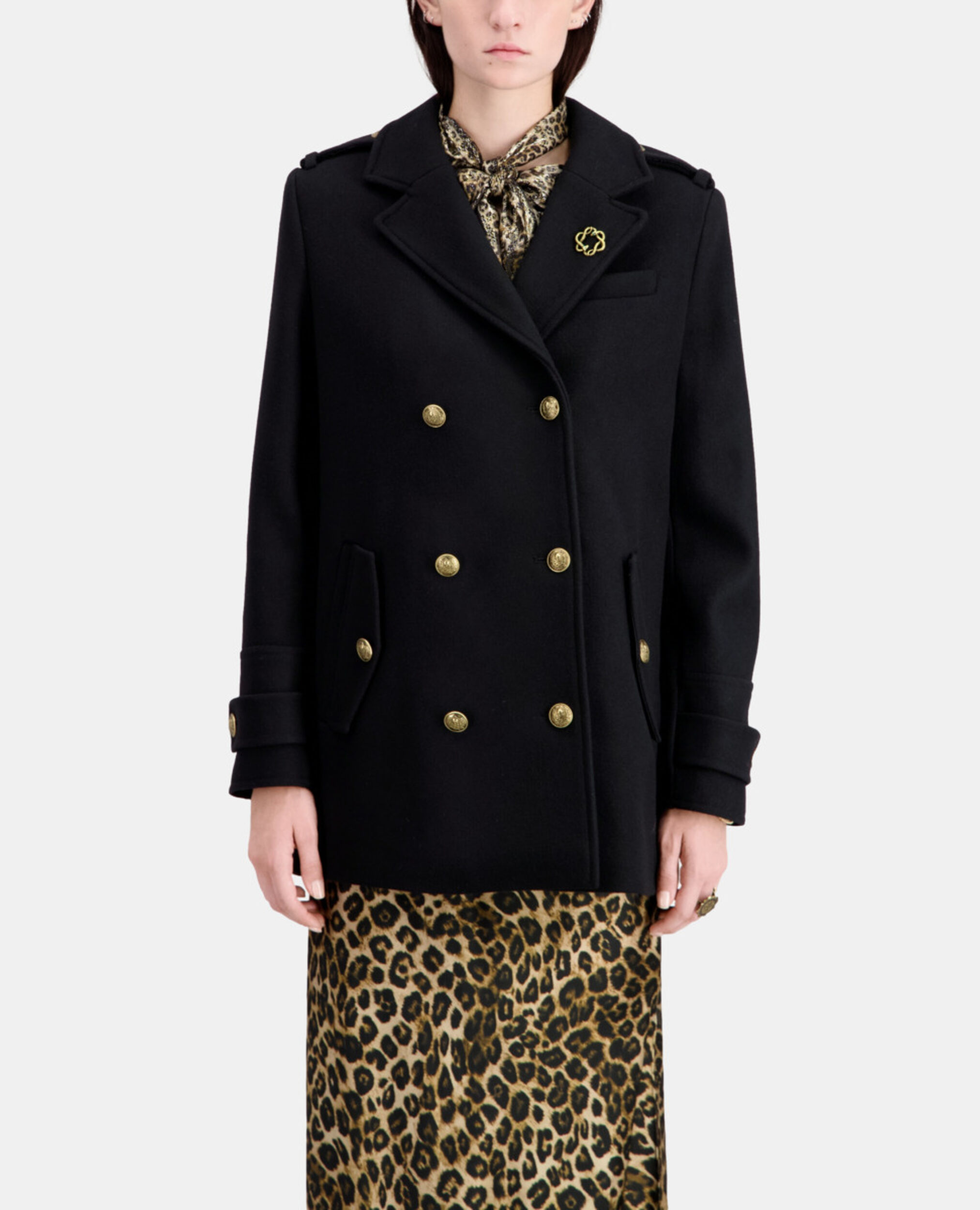 Black wool-blend pea coat, BLACK, hi-res image number null