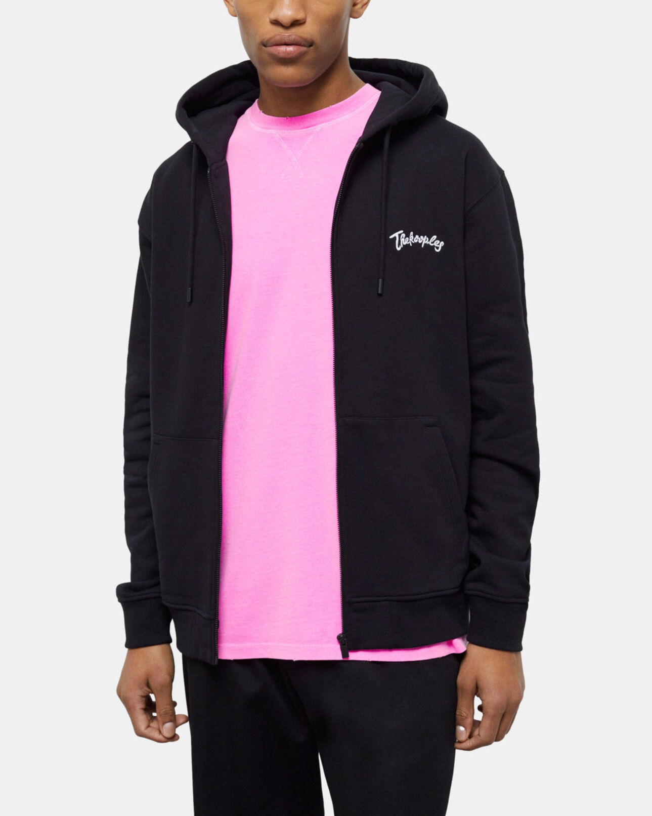 The Kooples MEN BLACK zipped black hooded sweatshirt with embroidery