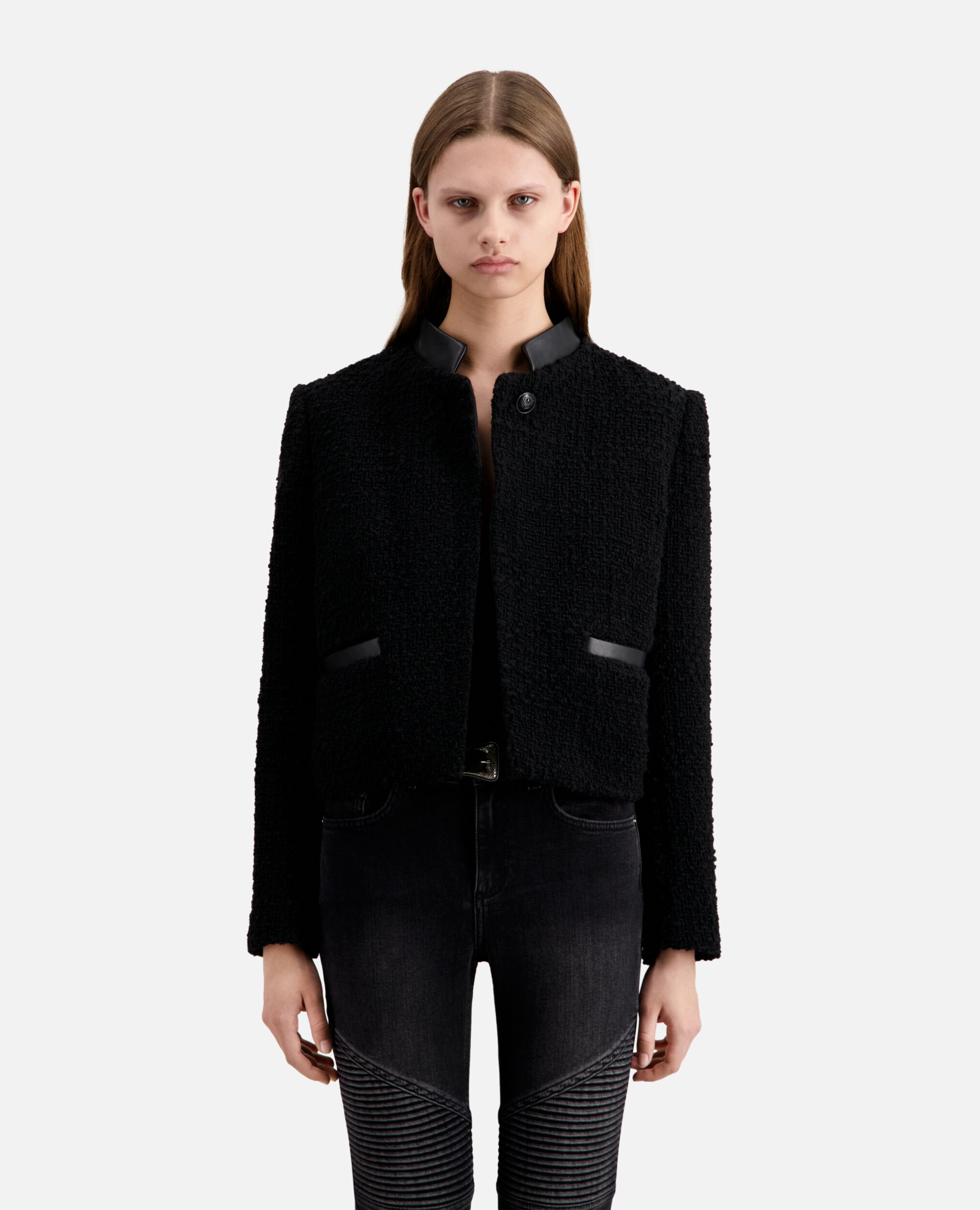 Kurze schwarze Jacke aus Tweed, BLACK, hi-res image number null