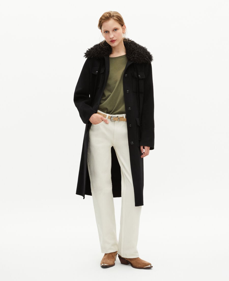 The Kooples DAMEN BLACK langer doppelseitiger wollmantel mit schwarzem sherpa-kragen
