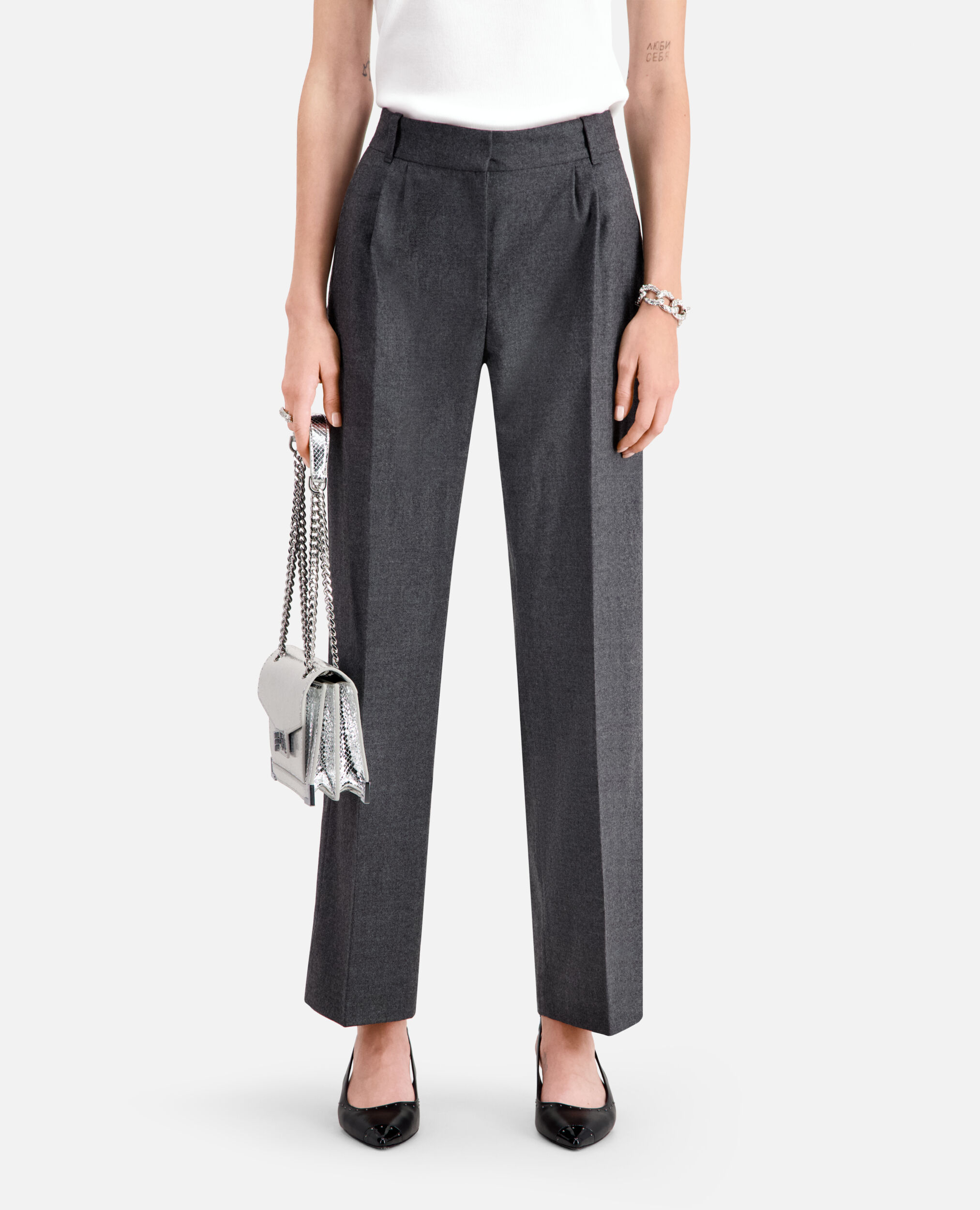 Grey flannel trousers with pleats, GREY, hi-res image number null