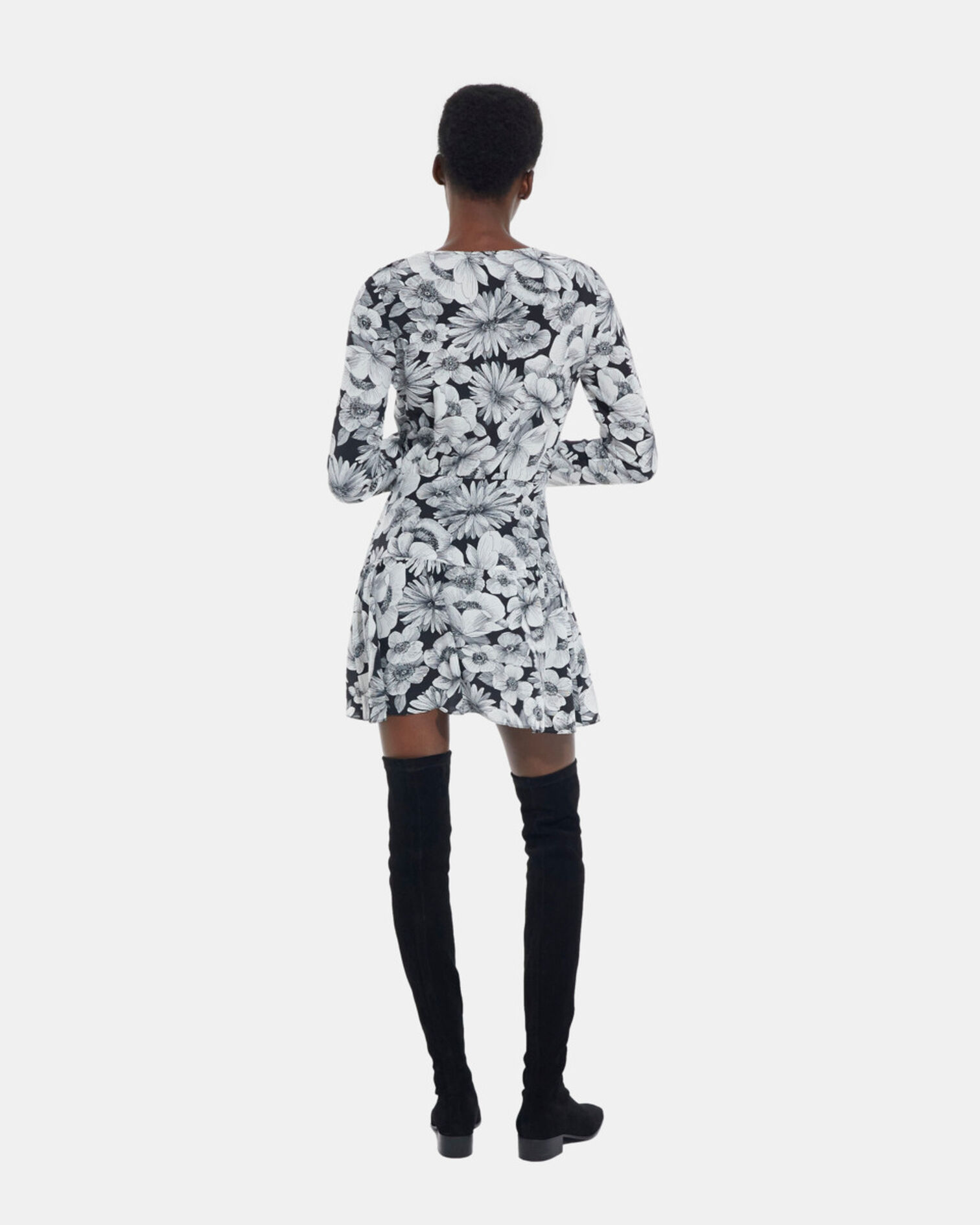 Short floral silk dress, BLACK WHITE, hi-res image number null