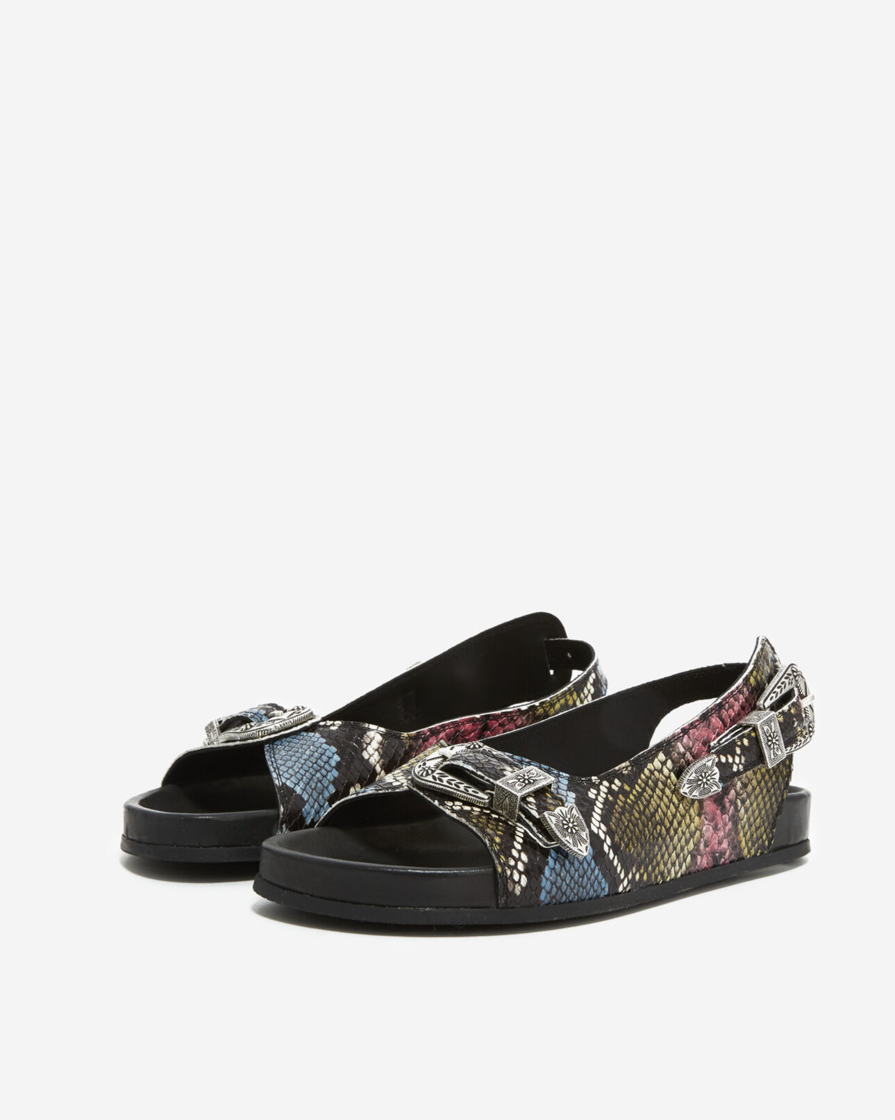 The Kooples FEMME BLACK/ PINK/ YELLOW sandales plates cuir effet serpent coloré