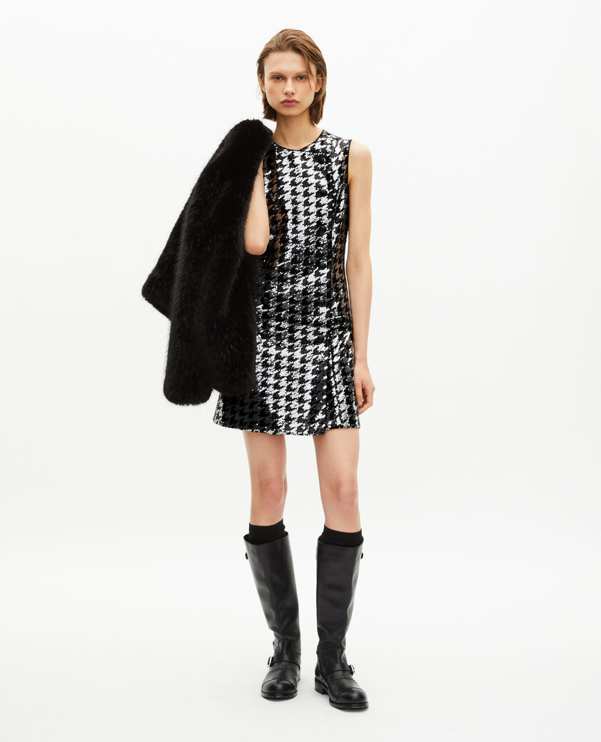 The Kooples WOMEN BLACK WHITE short houndstooth dress with black sequins