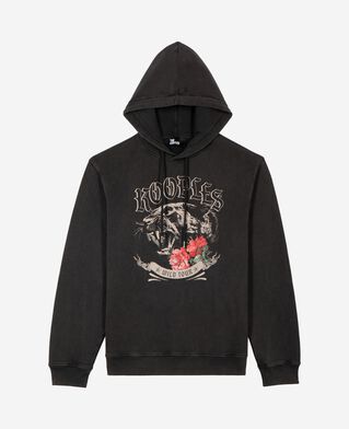 The Kooples HOMME BLACK WASHED sweatshirt &agrave; capuche avec s&eacute;rigraphie panth&egrave;re noir