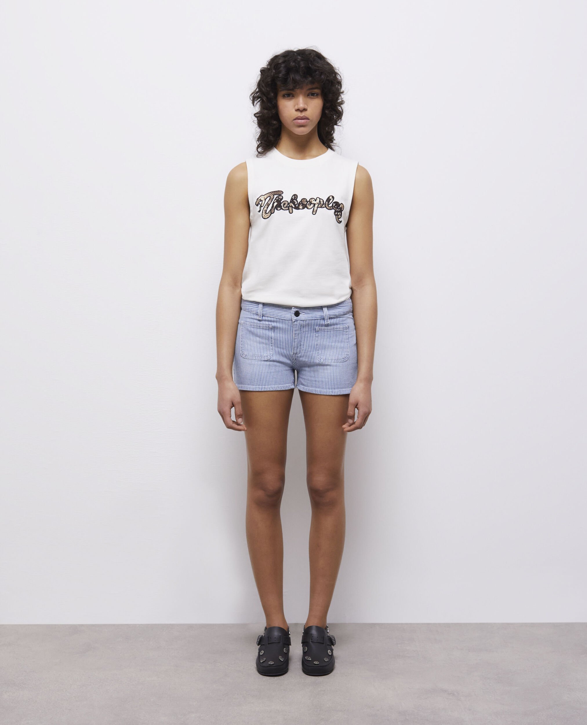 Black and white online striped denim shorts
