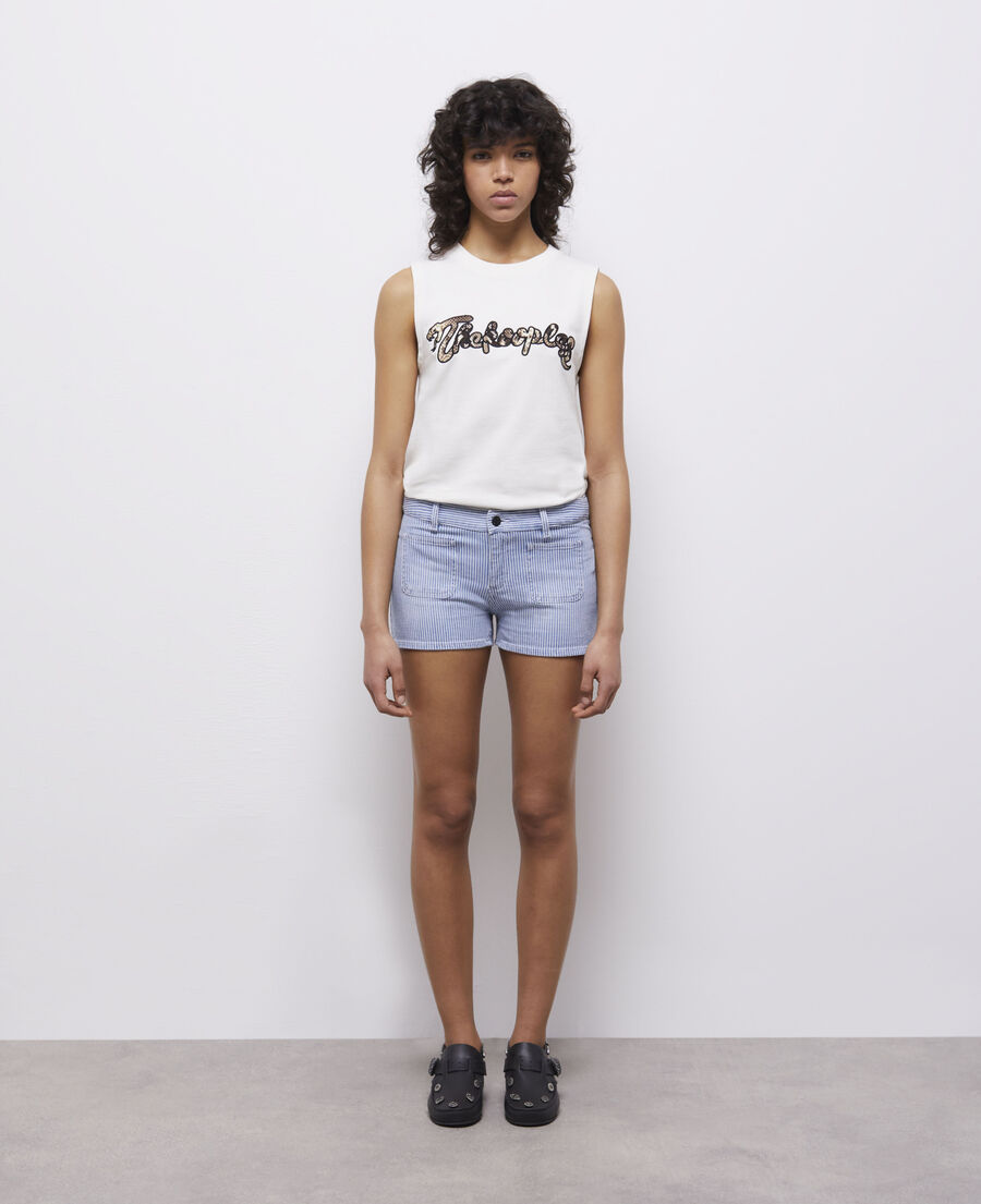 blue and white striped denim shorts