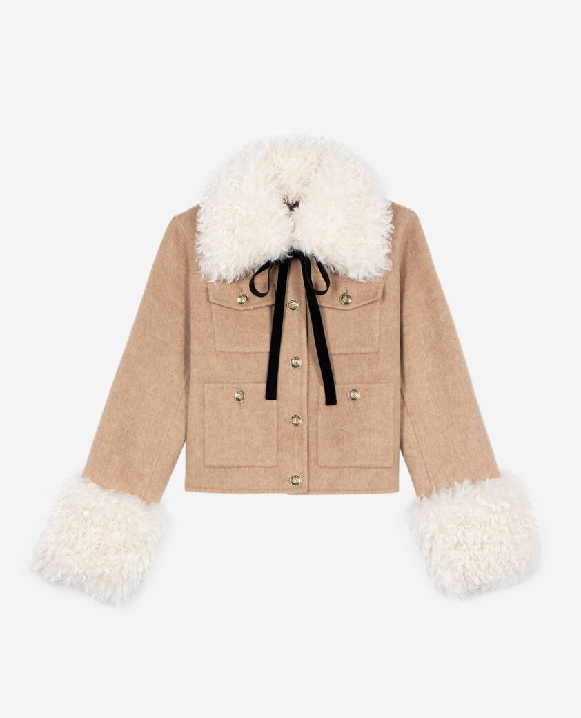 The Kooples FEMME BEIGE LINEN blouson court en laine col sherpa beige