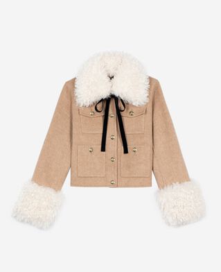 The Kooples WOMEN BEIGE LINEN short wool jacket with beige sherpa collar