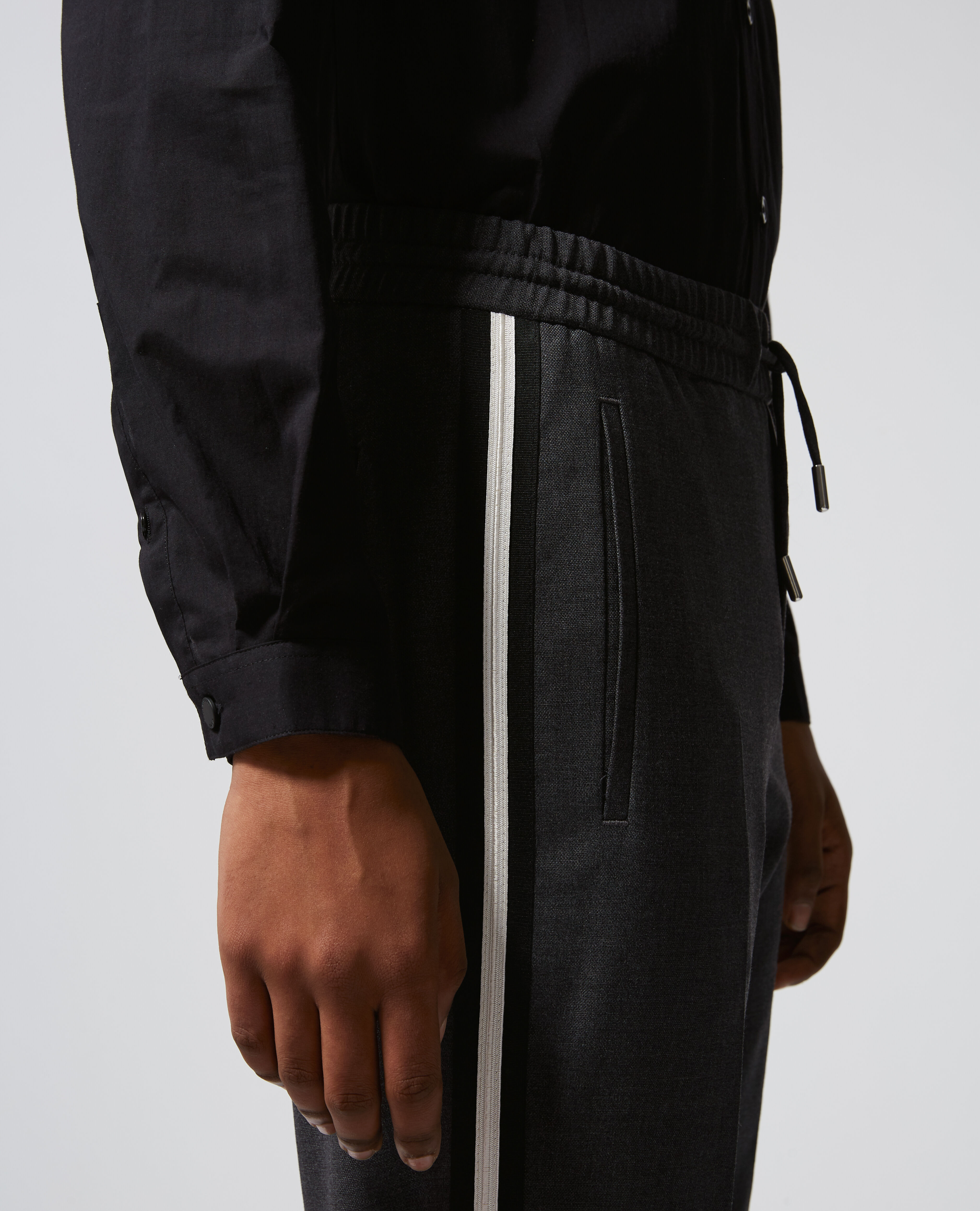 Gray wool pants with white stripes