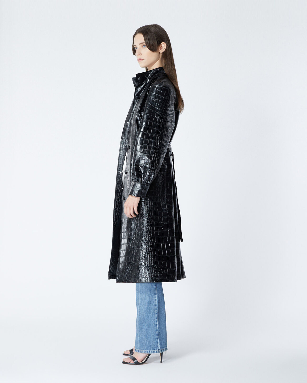 The Kooples DAMEN BLACK schwarzer langer mantel mit lederkragen