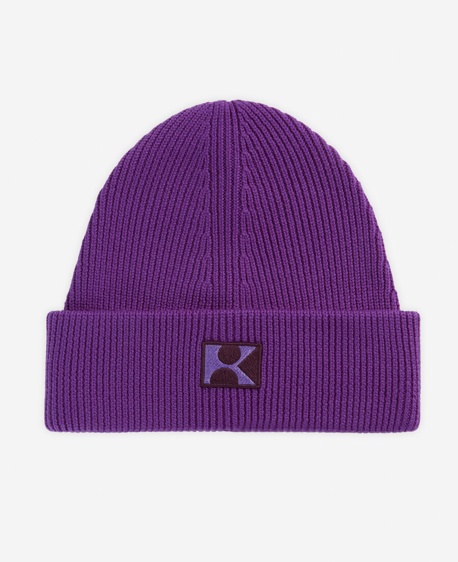 purple wool beanie with embroidered k patch