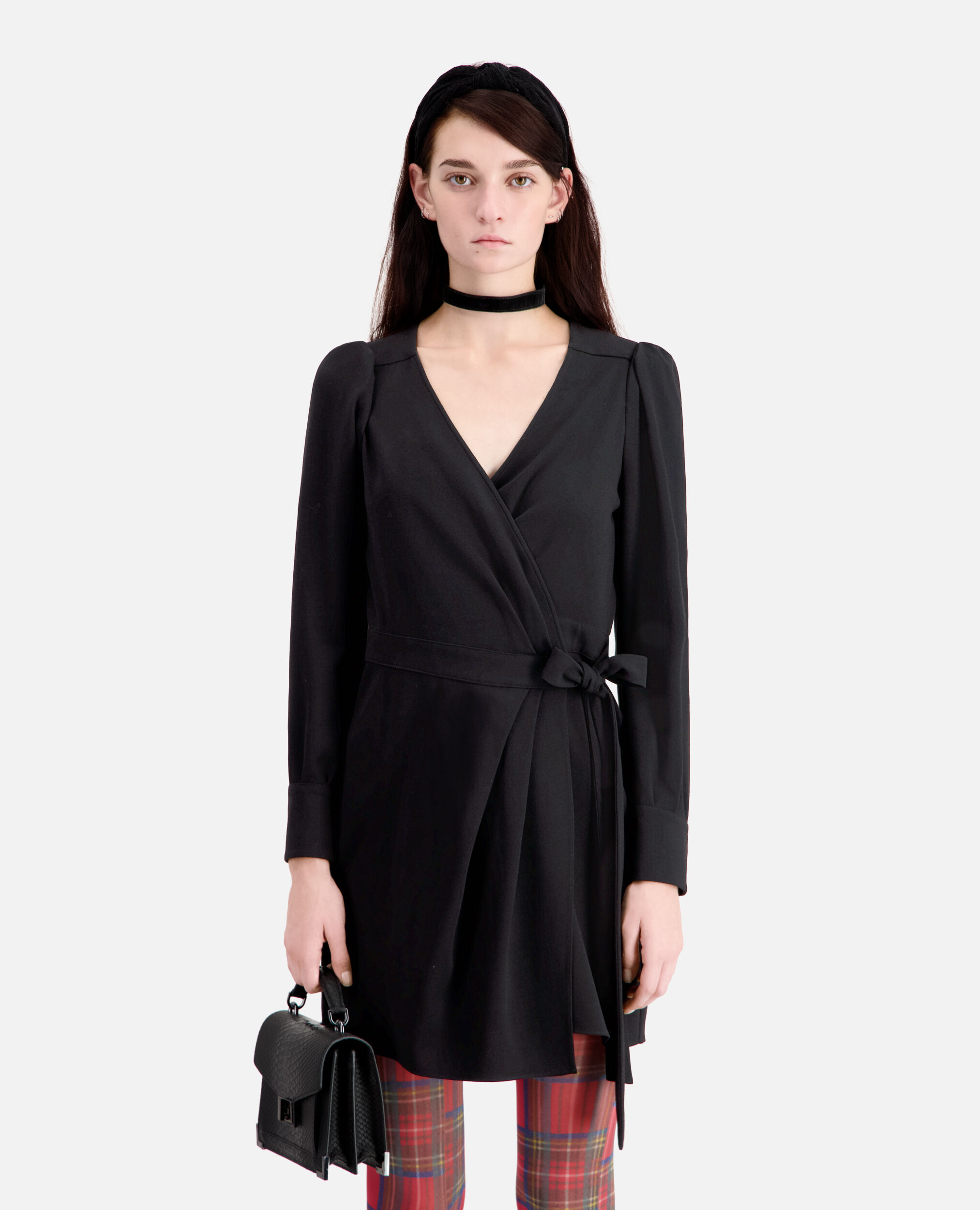 Short black crepe wrap dress, BLACK, hi-res image number null