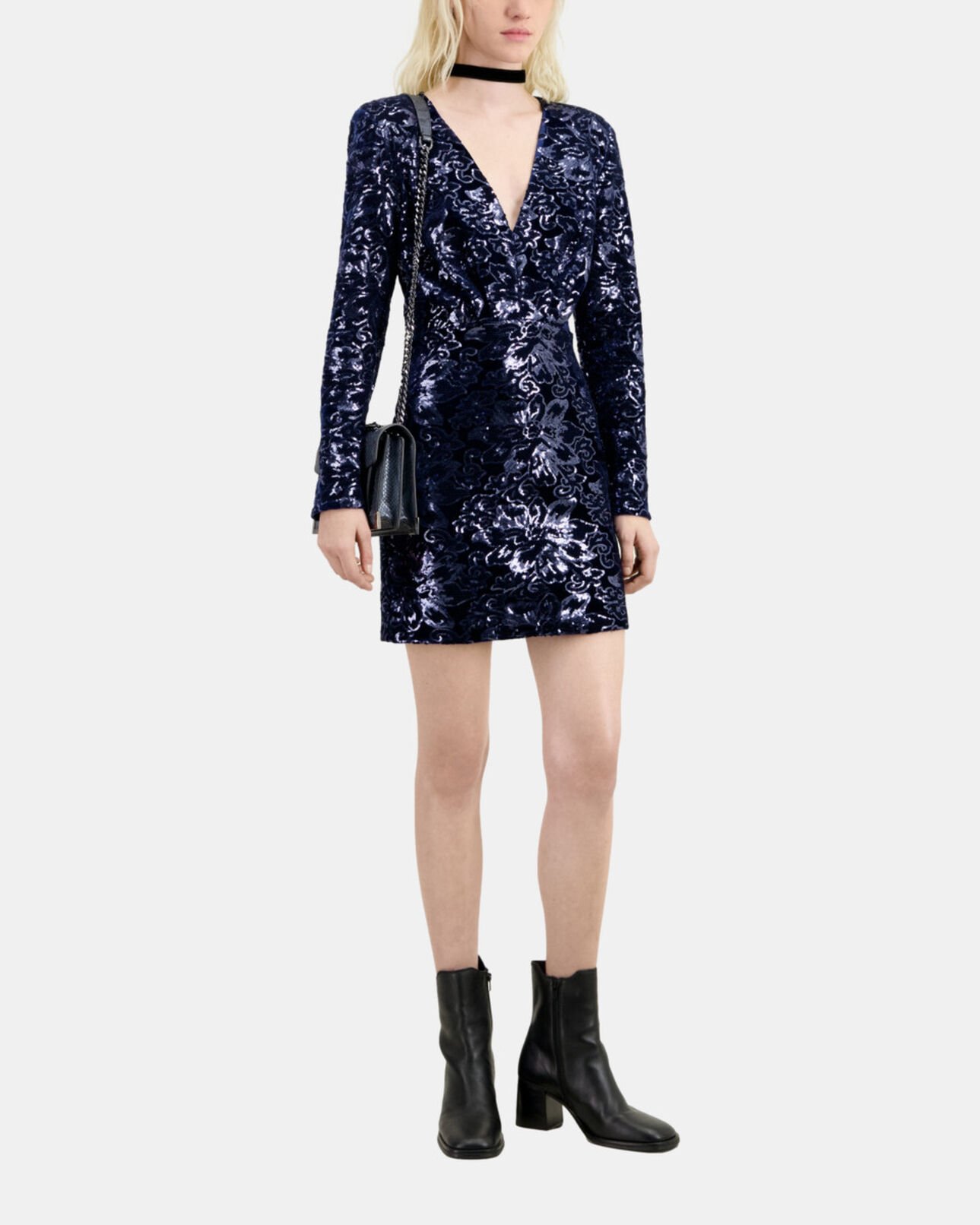 The Kooples WOMEN NAVY short navy blue velvet dress with sequins