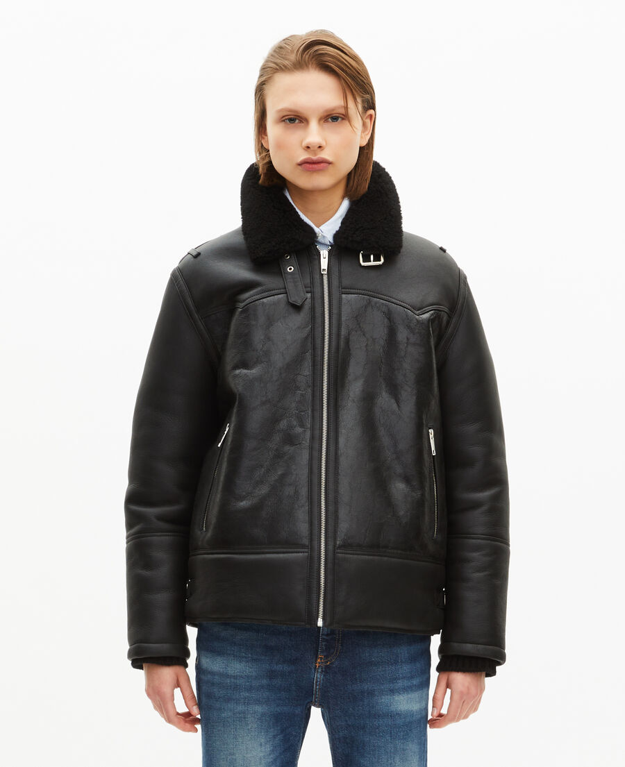 The Kooples FEMME BLACK peau lainée courte avec col sherpa noire
