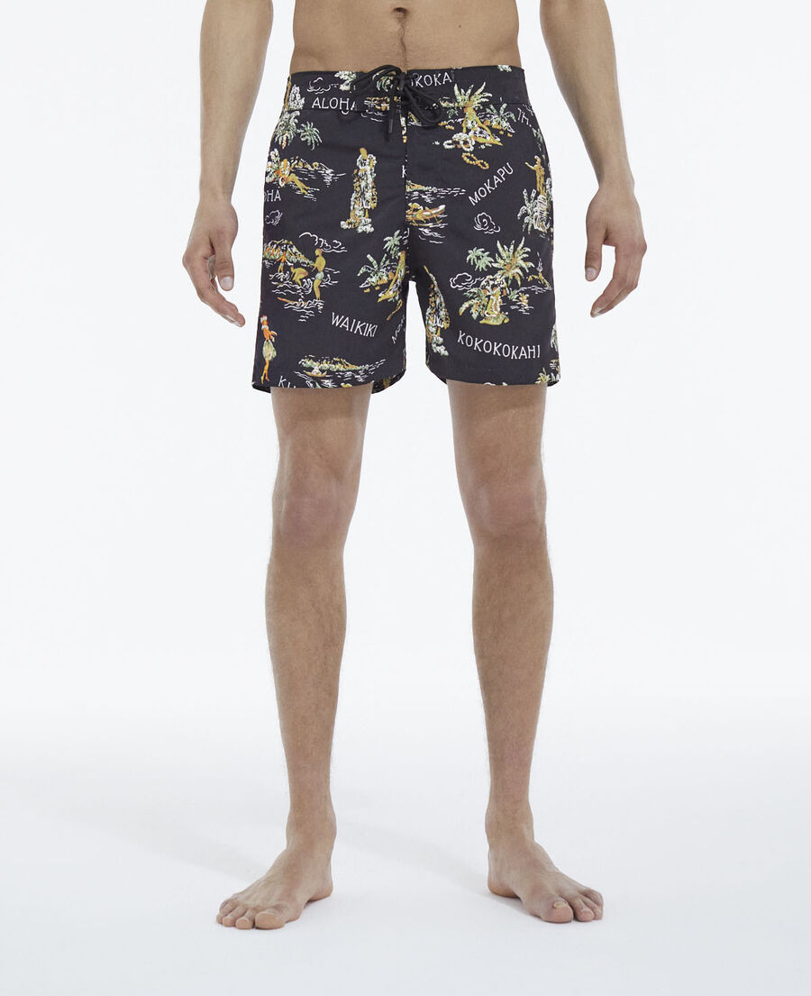 Black swim shorts with Hawaiian print | The Kooples