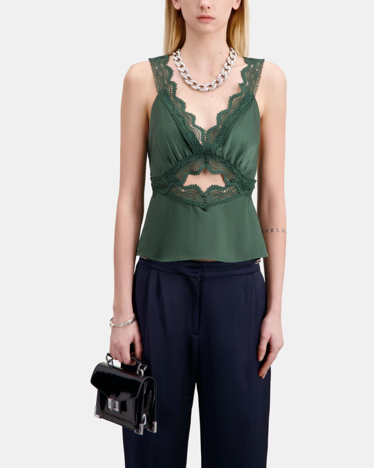 The Kooples DAMEN WOOD KAKI grünes top mit guipure-details