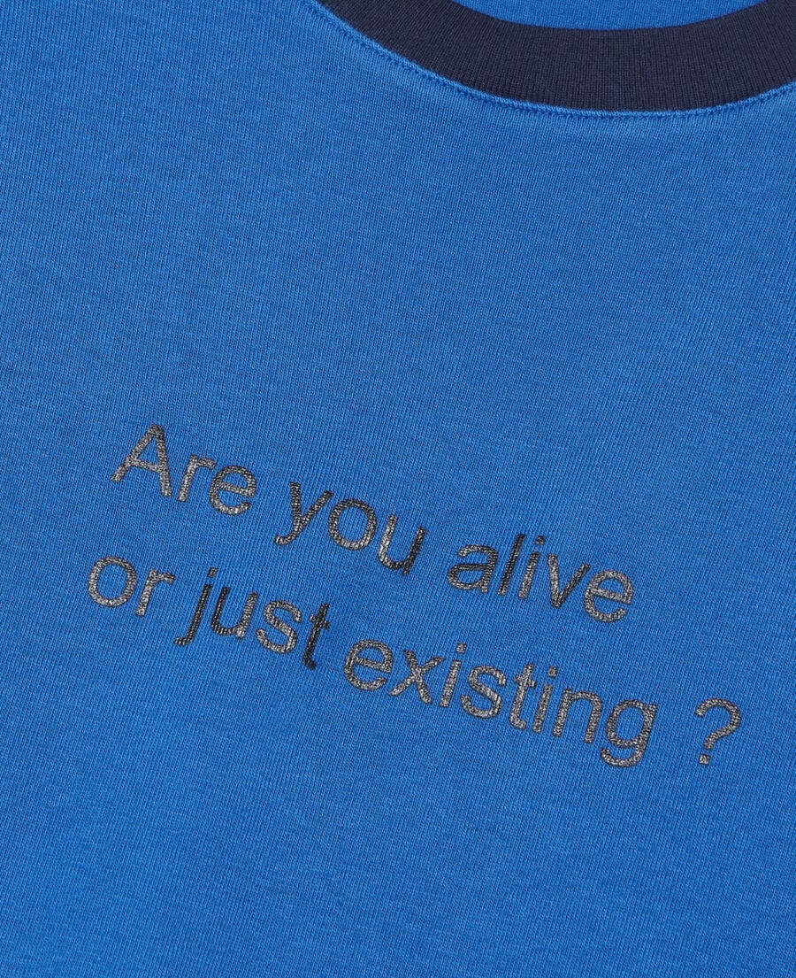 The Kooples HERREN BLUE BRUT blaues t-shirt mit are you alive-siebdruck