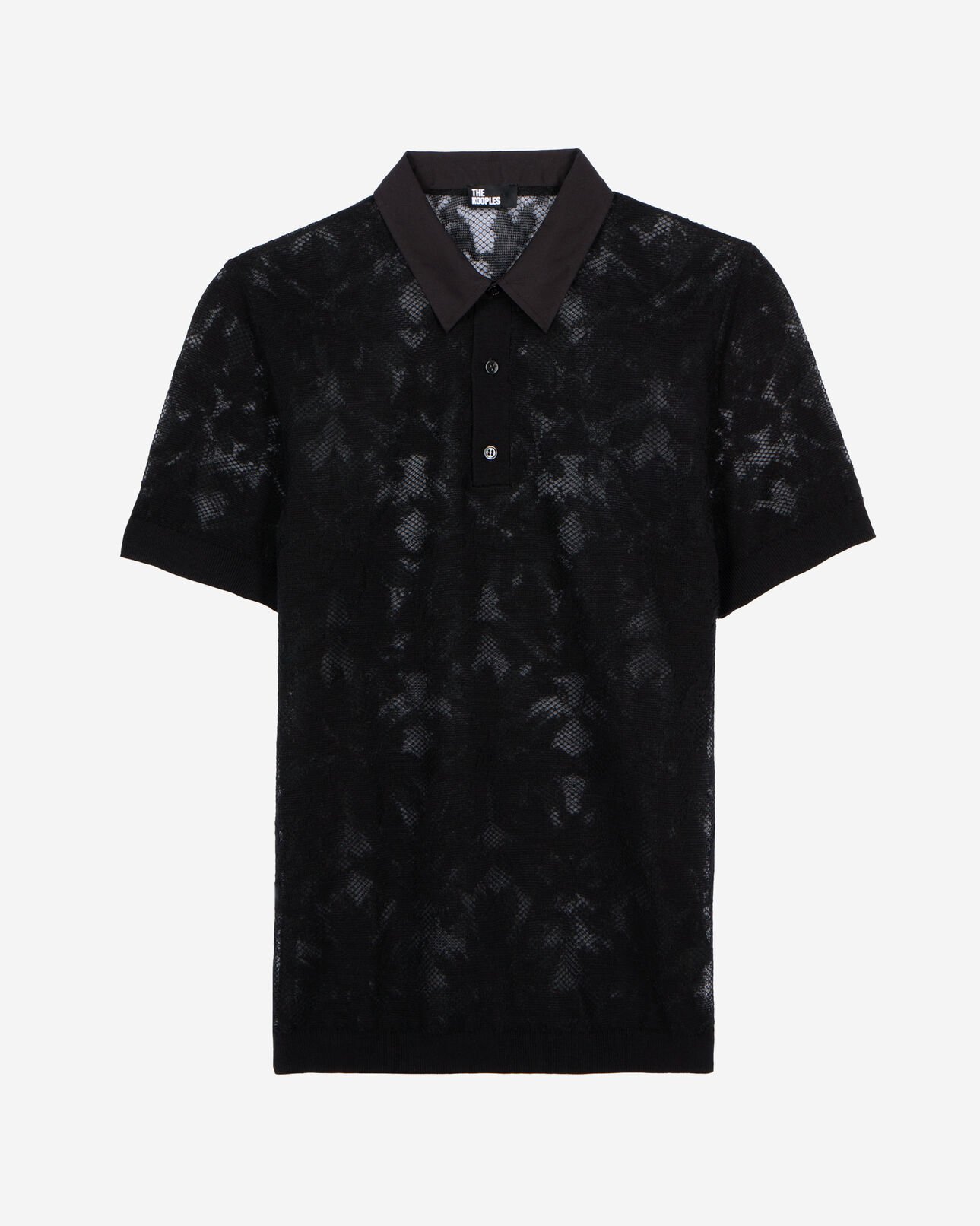 The Kooples MEN BLACK black lace-effect knit polo shirt