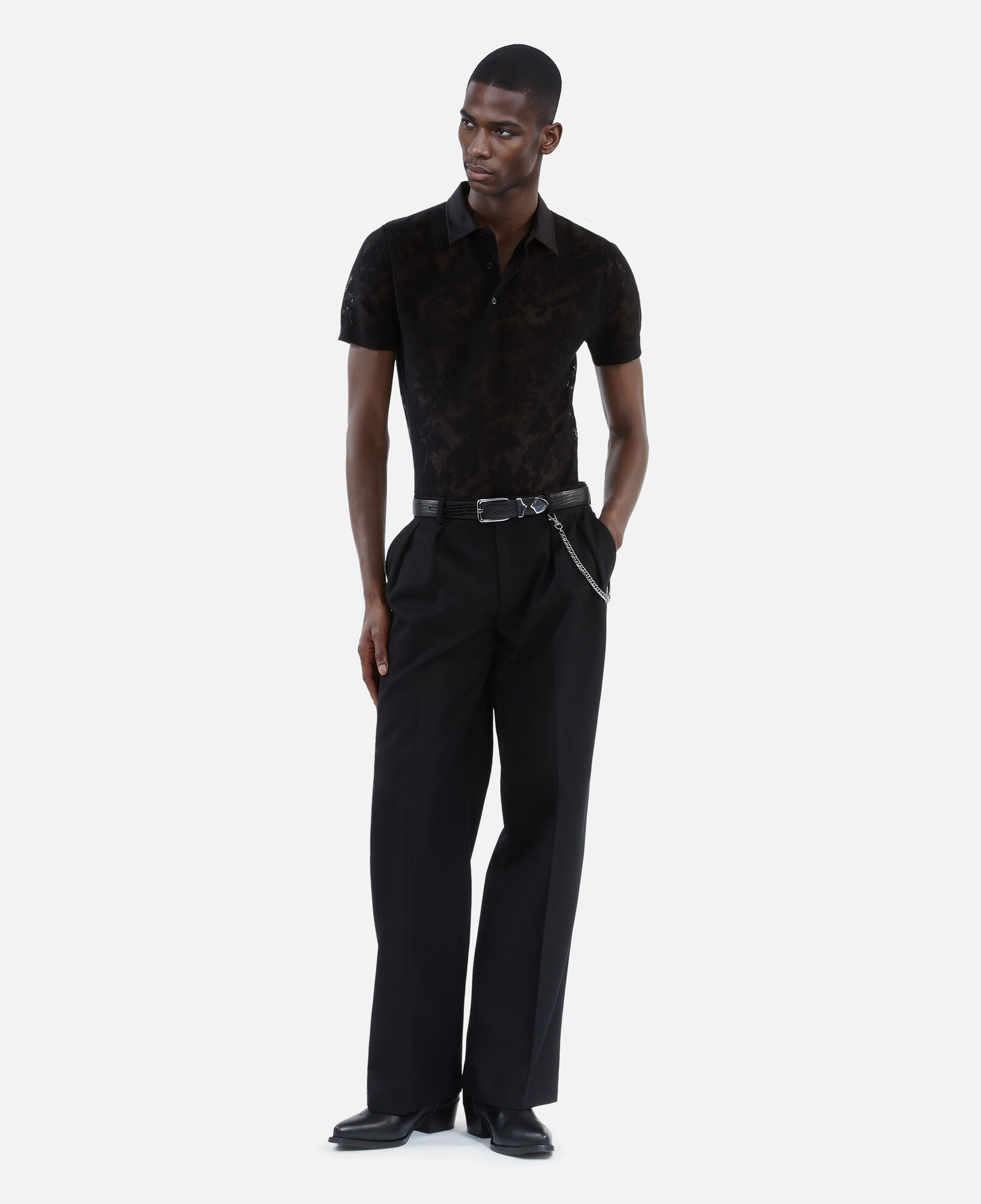 The Kooples HERREN BLACK schwarzes strickpoloshirt mit spitzen-effekt
