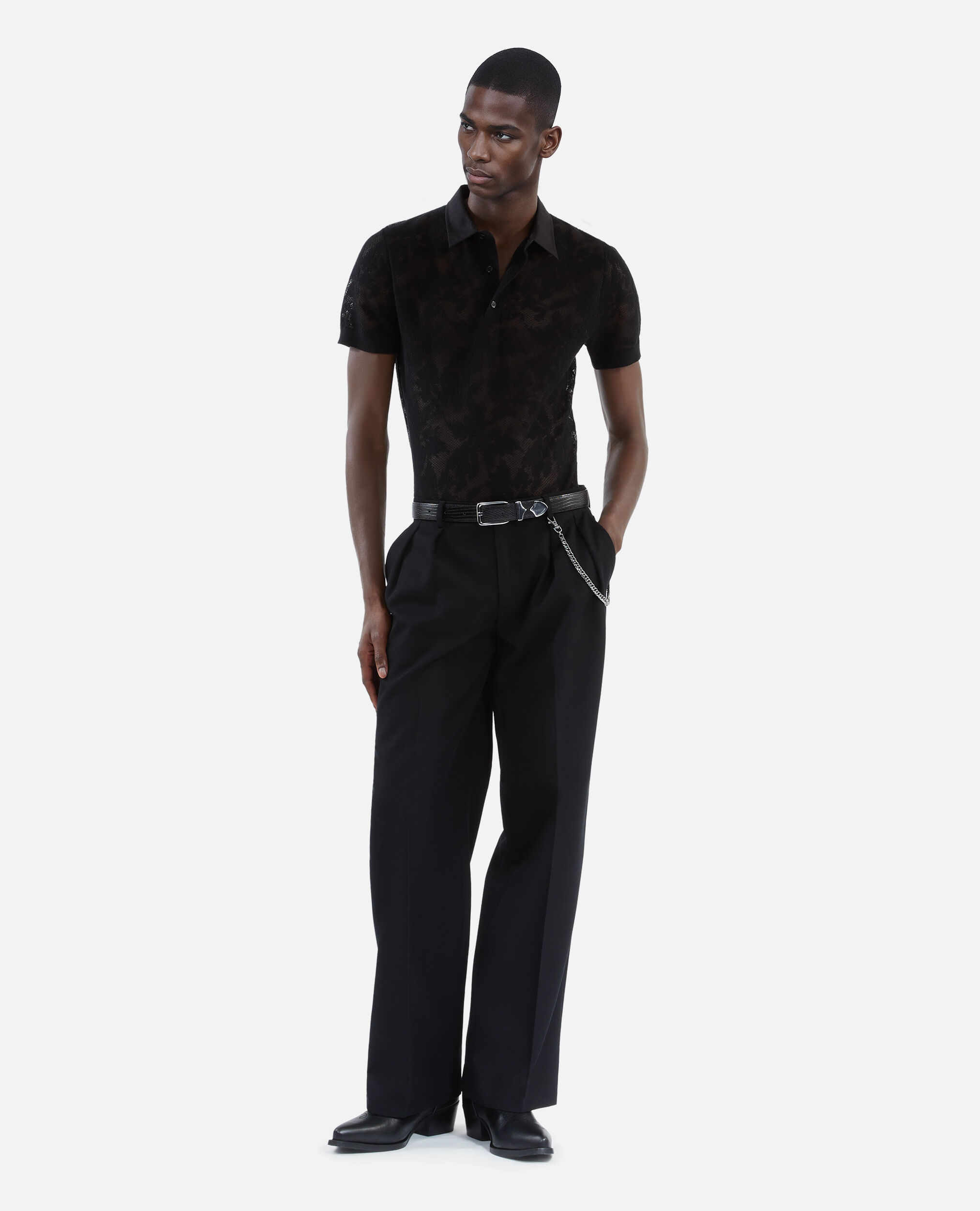Schwarzes Strickpoloshirt mit Spitzen-Effekt, BLACK, hi-res image number null