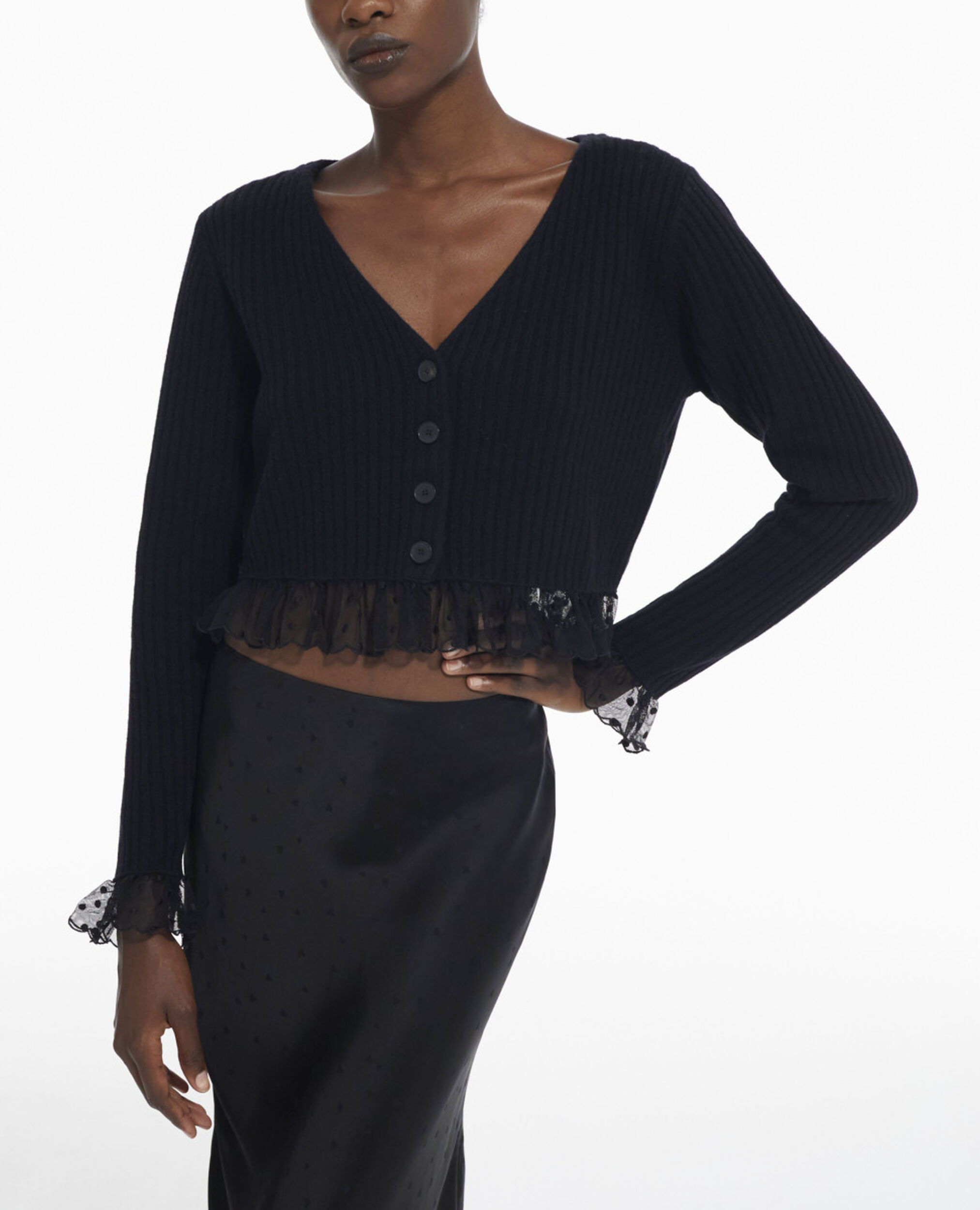 Fine black wool cardigan, BLACK, hi-res image number null