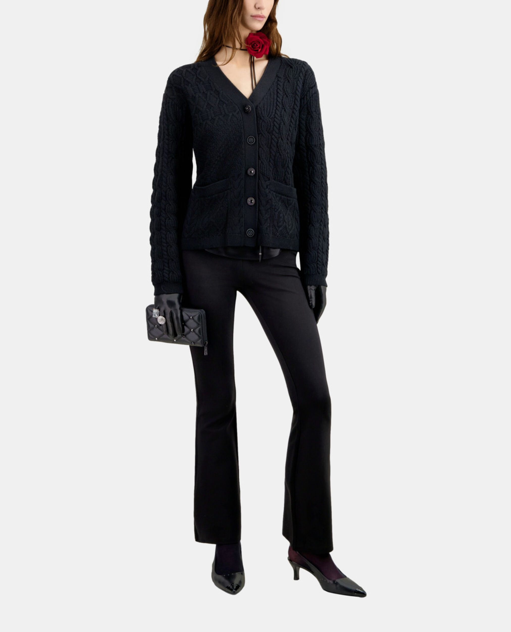 Cardigan noir en laine torsadée, BLACK, hi-res image number null