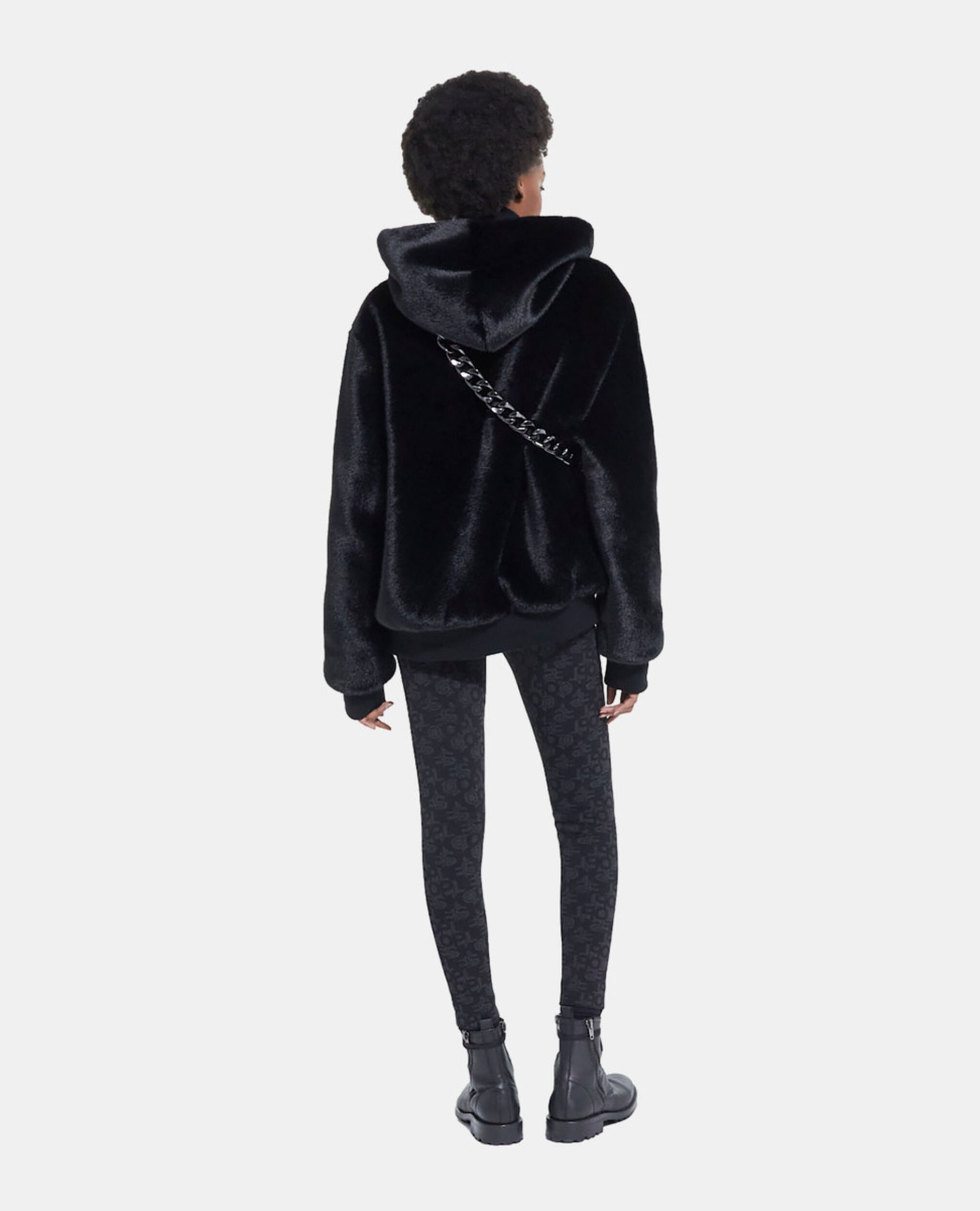 Black faux fur coat with hood, BLACK, hi-res image number null