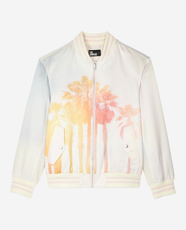 pink and lilac satin jacket with palm trees