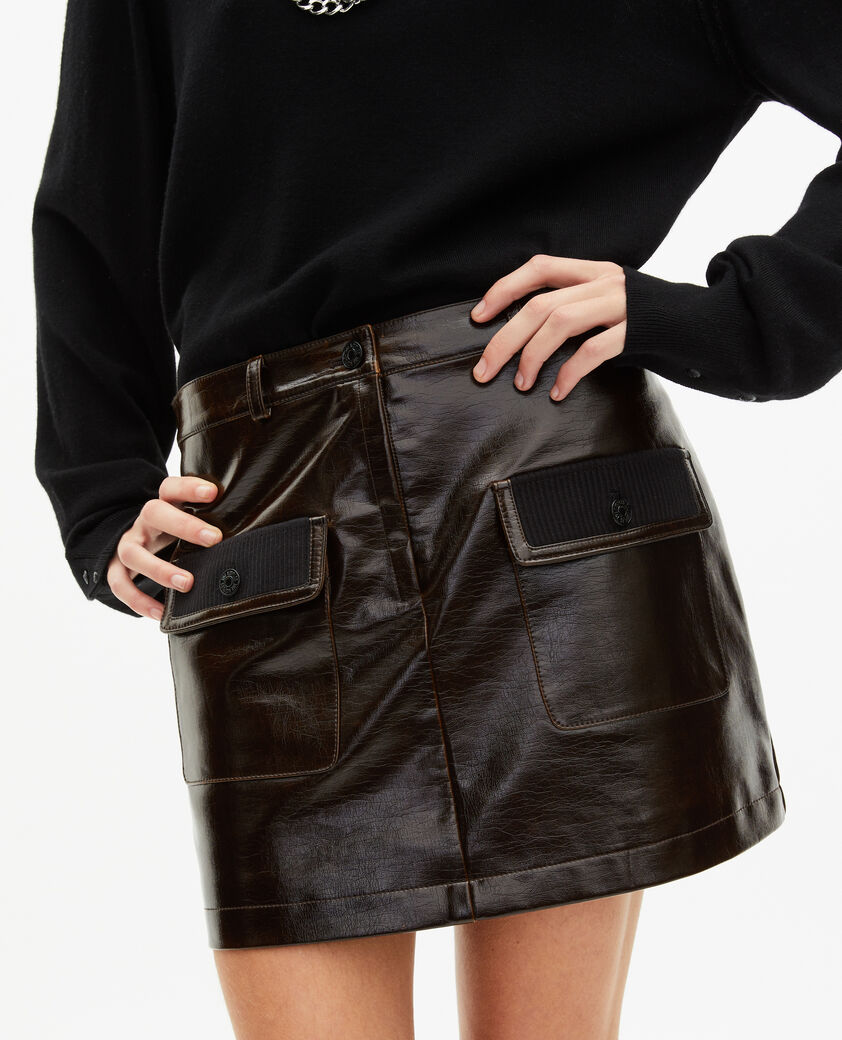The Kooples WOMEN CAFE short brown vinyl-effect skirt