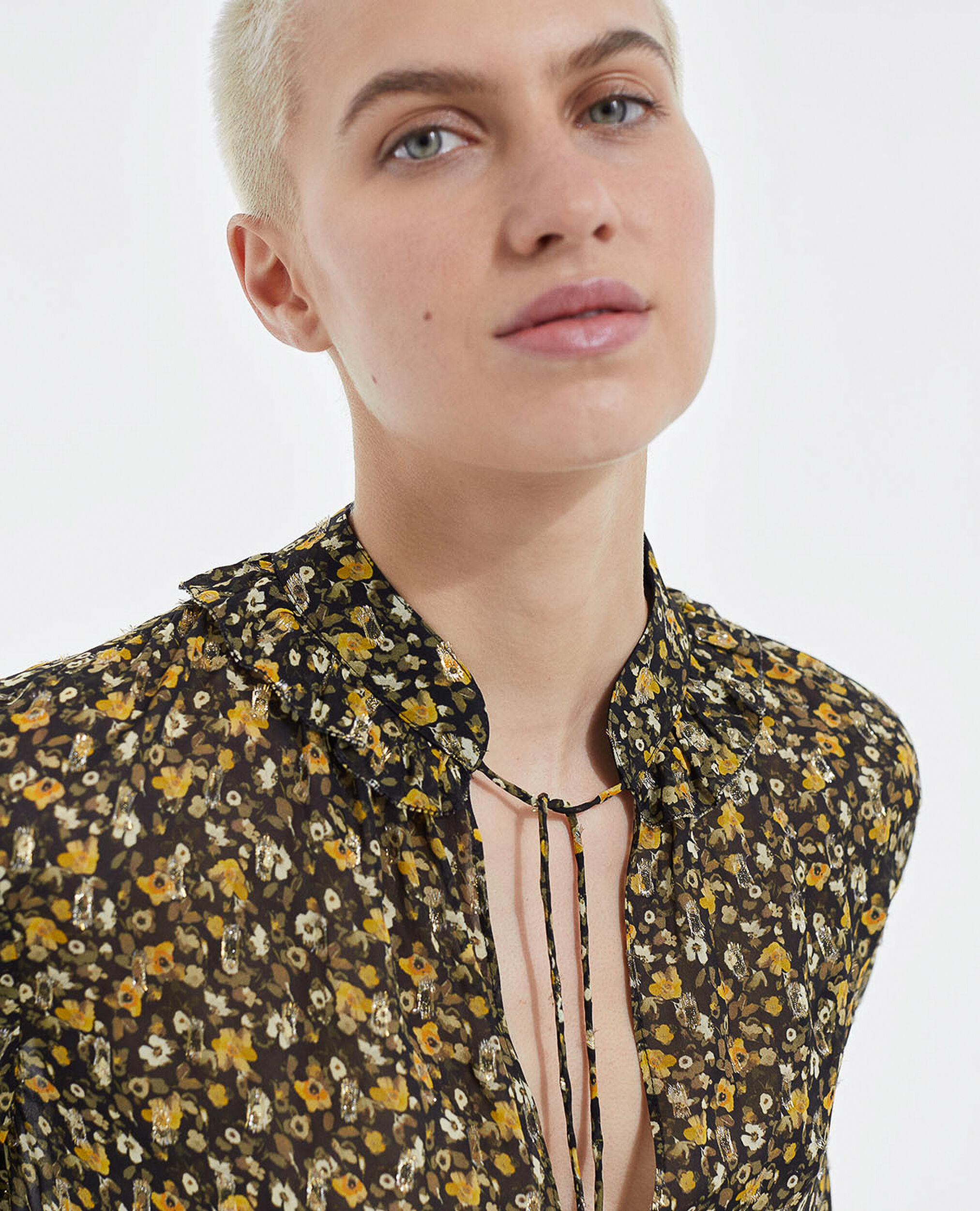 Floral black and yellow top in knotted lurex, BLACK-ORANGE, hi-res image number null
