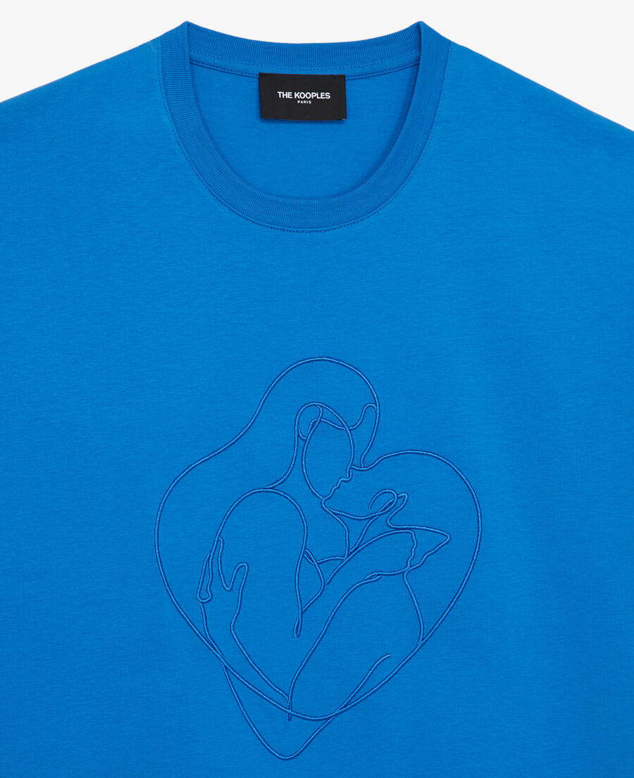 blue cotton t-shirt with tone-on-tone embroidery