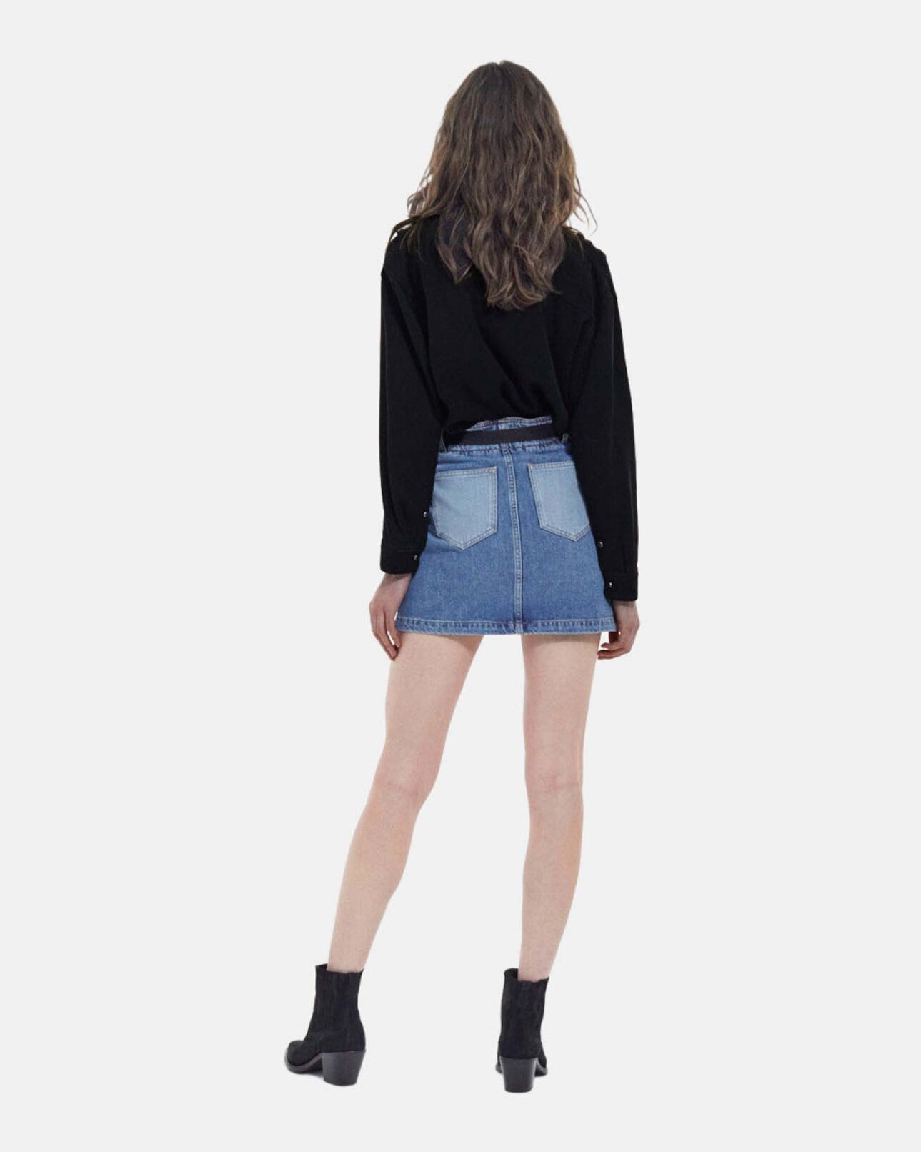 The Kooples FEMME BLUE WASHED jupe courte en jean poches patchwork