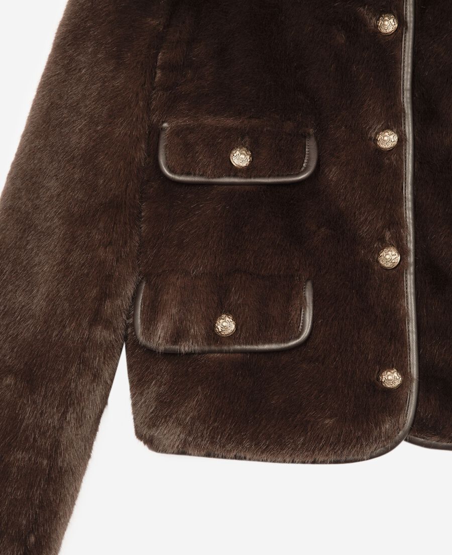 The Kooples F CHOCOLATE fur-effect jacket with brown leather details