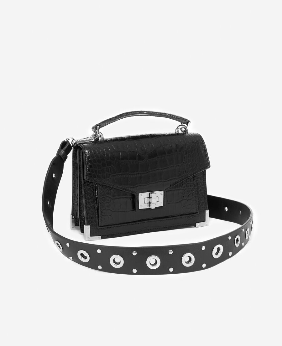 black leather handle with silver eyelets