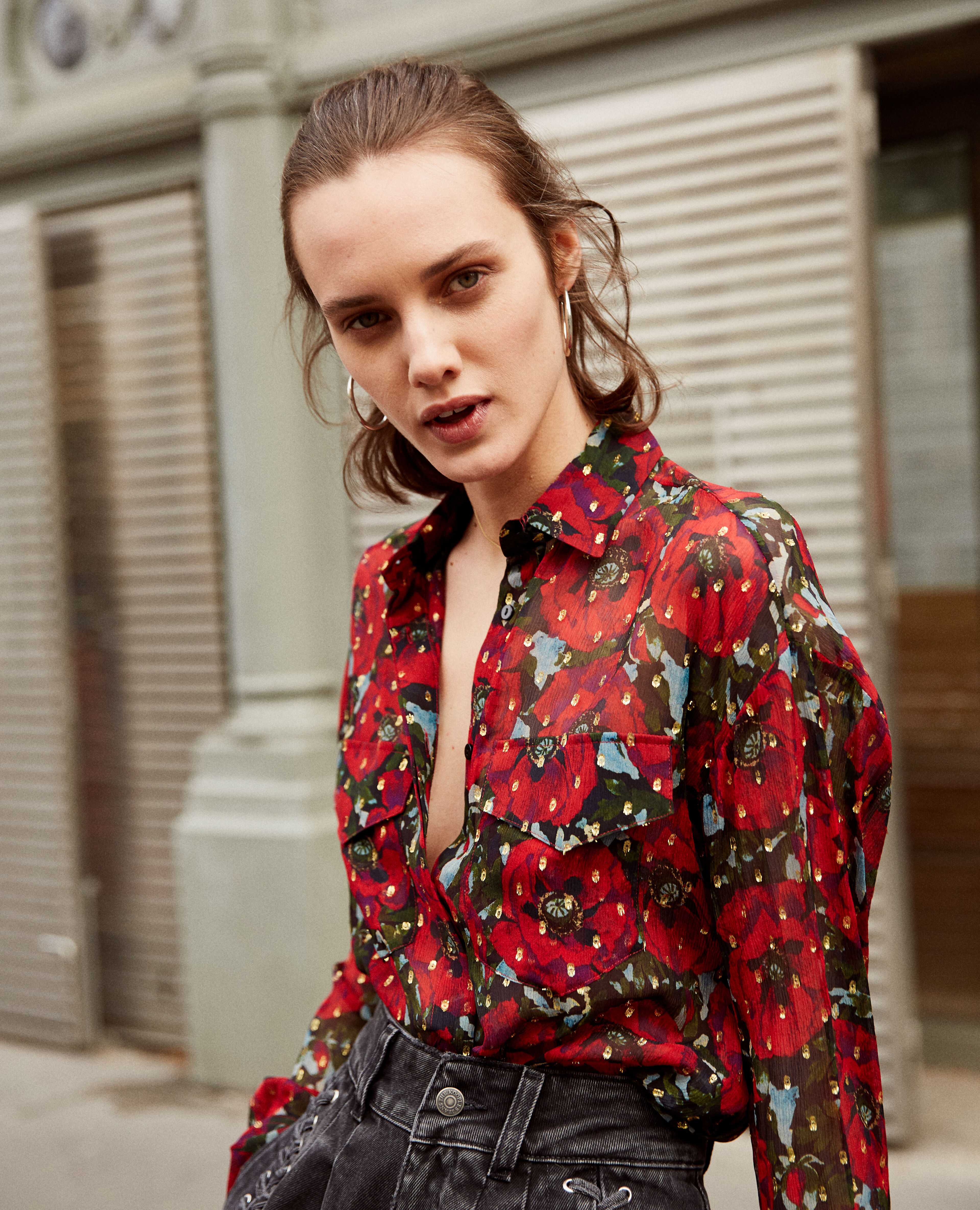 Silk muslin shirt with Giant Poppy print