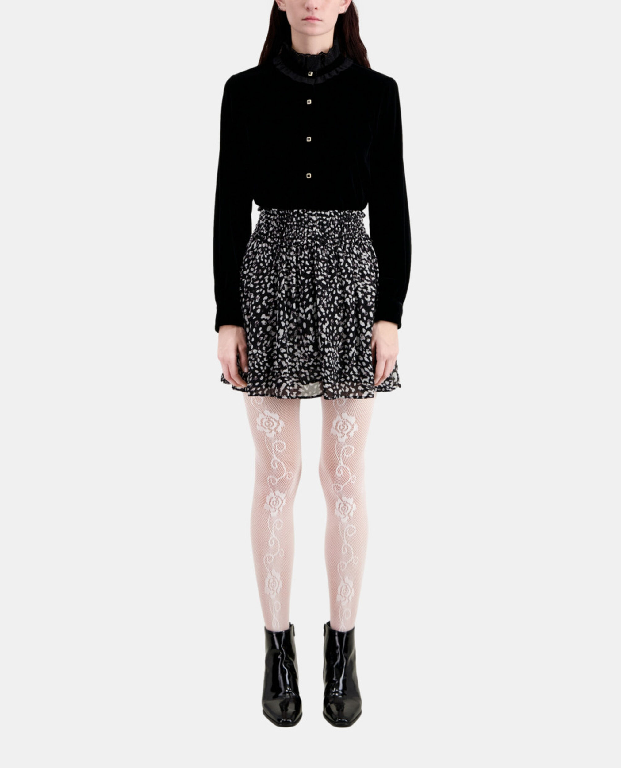 Short printed skirt with smocking, BLACK WHITE, hi-res image number null