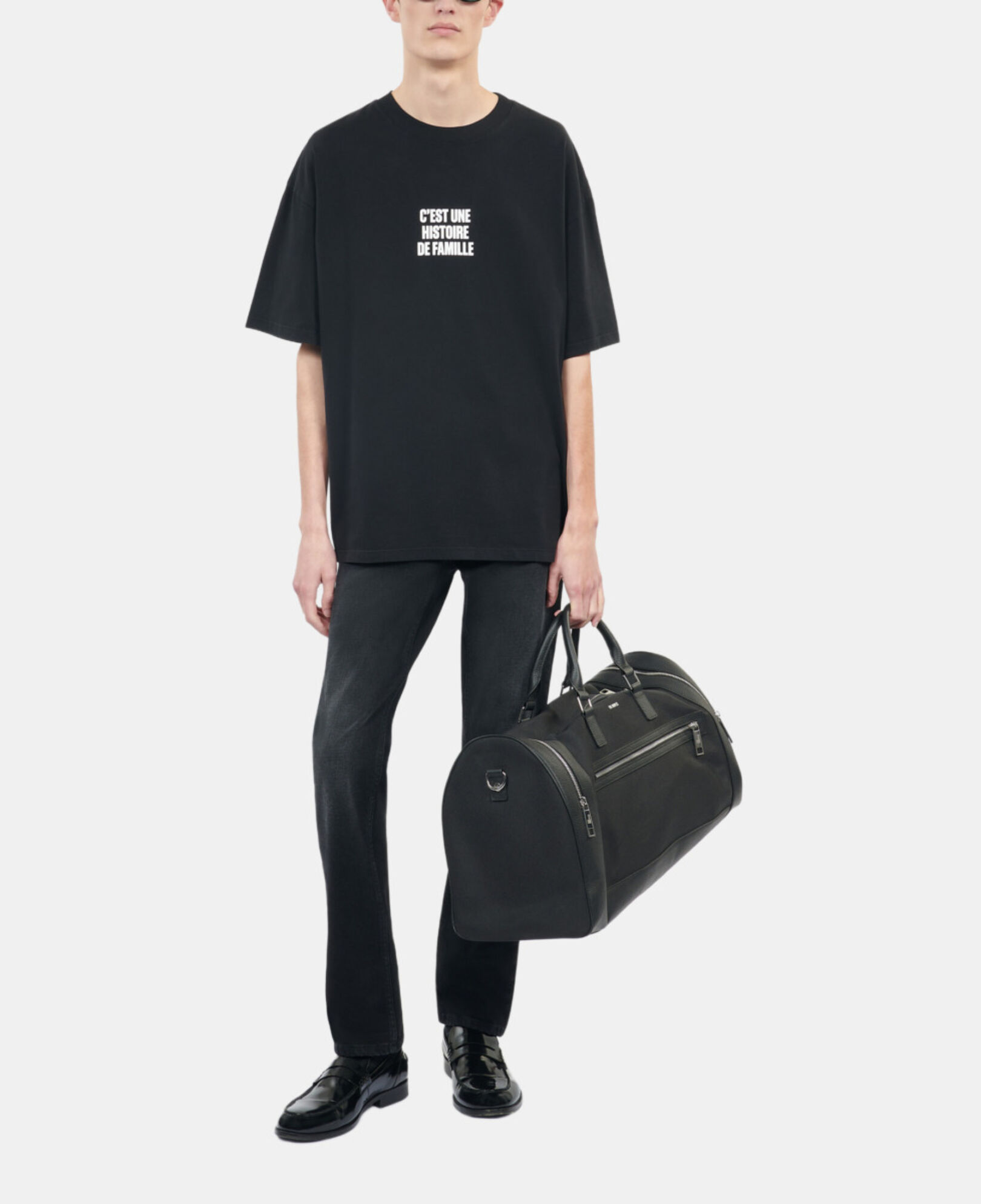 The Kooples MEN BLACK black leather and canvas weekend bag