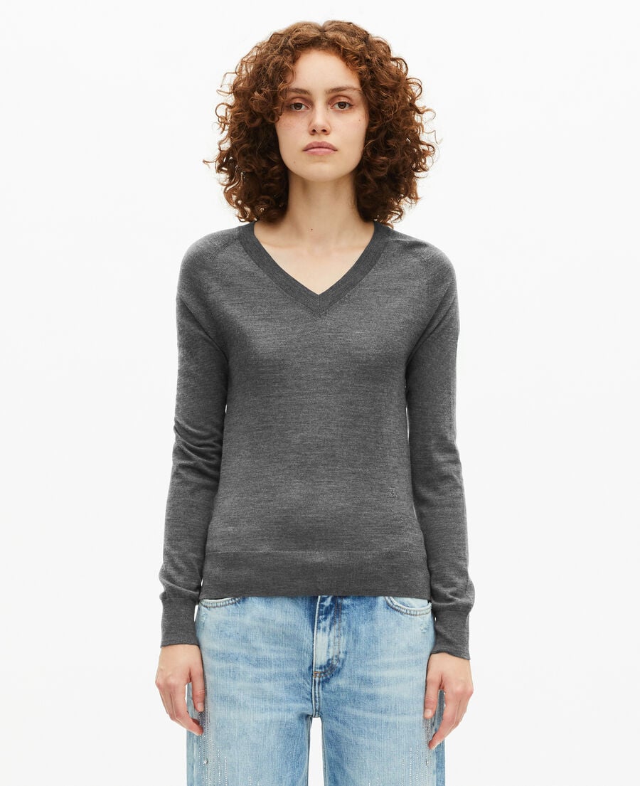The Kooples DAMEN DARK GREY MELANGE pullover mit v-ausschnitt aus grauer merinowolle