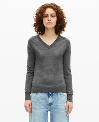 The Kooples DAMEN DARK GREY MELANGE pullover mit v-ausschnitt aus grauer merinowolle