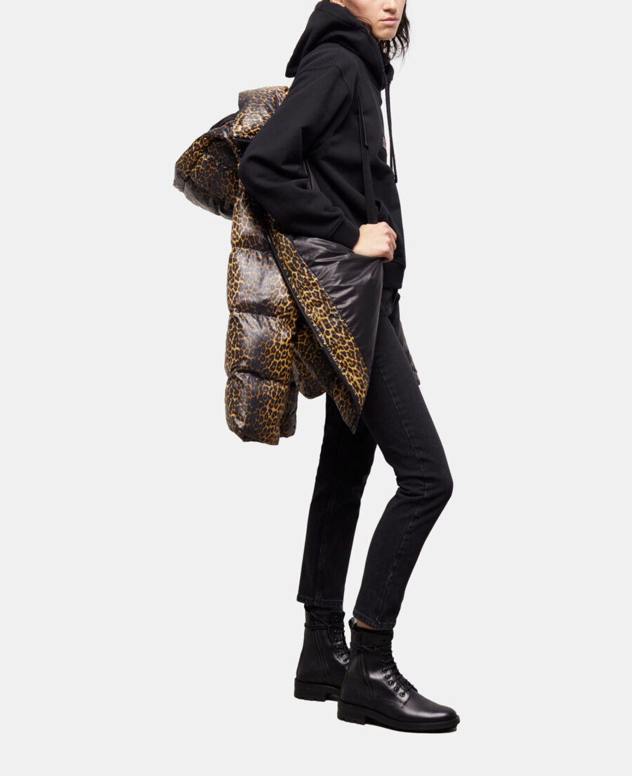 leopard print oversized down jacket with straps and logo